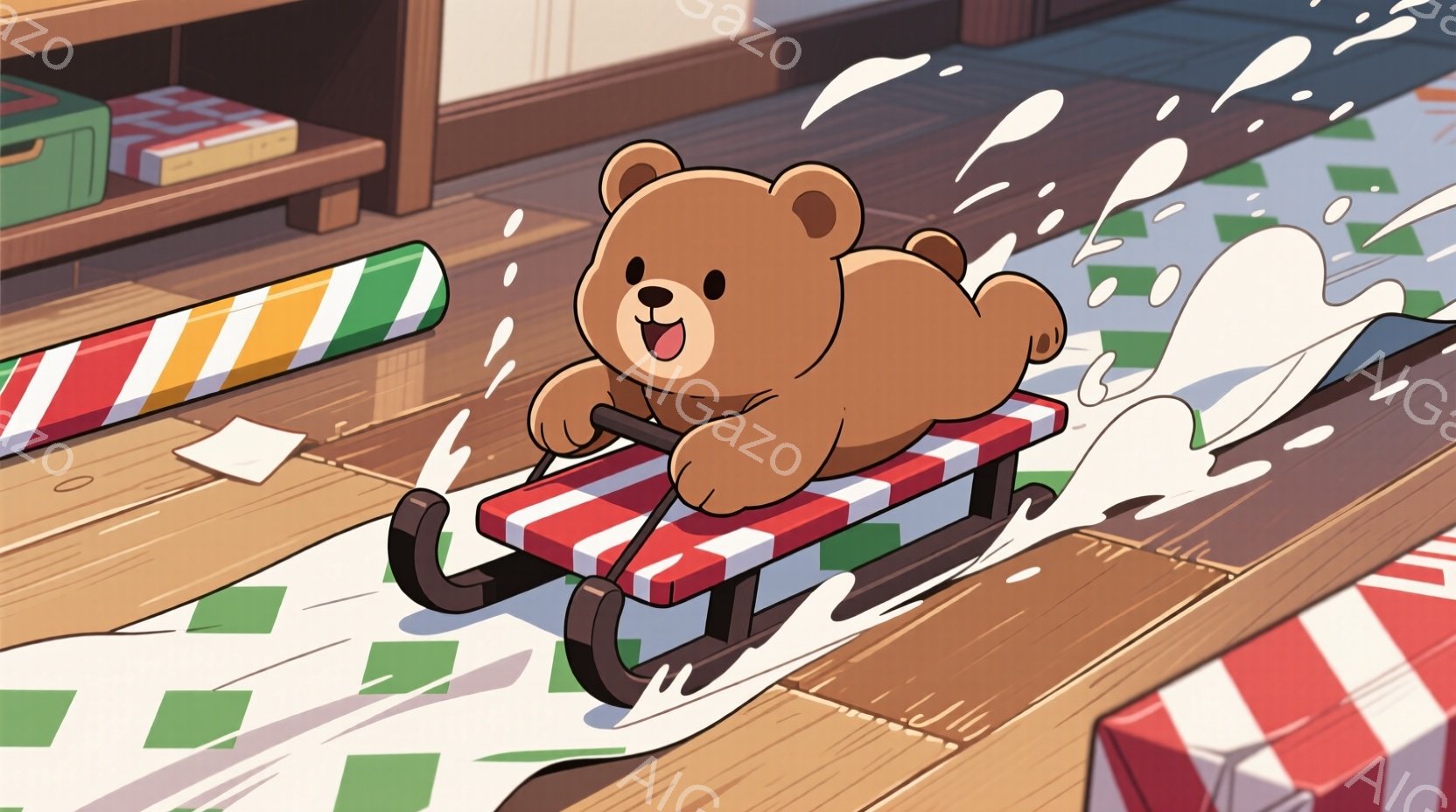 茶色のクマが赤いソリに乗って床を滑っています。背景にはプレゼントボックスがあり、床には雪が舞っているように見え、楽しいクリスマスの雰囲気が漂っています。クマは嬉しそうに口を開けており、楽しんでいる様子が伝わってきます。