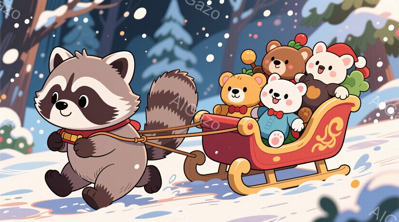 アライグマが雪の中をそりを引いています。そりの中には、帽子をかぶったクマのぬいぐるみたちが笑顔で座っており、とても楽しそうです。背景には雪の積もった木々と雪が舞う冬の風景が広がっており、暖かく可愛らし - AI生成フリー素材