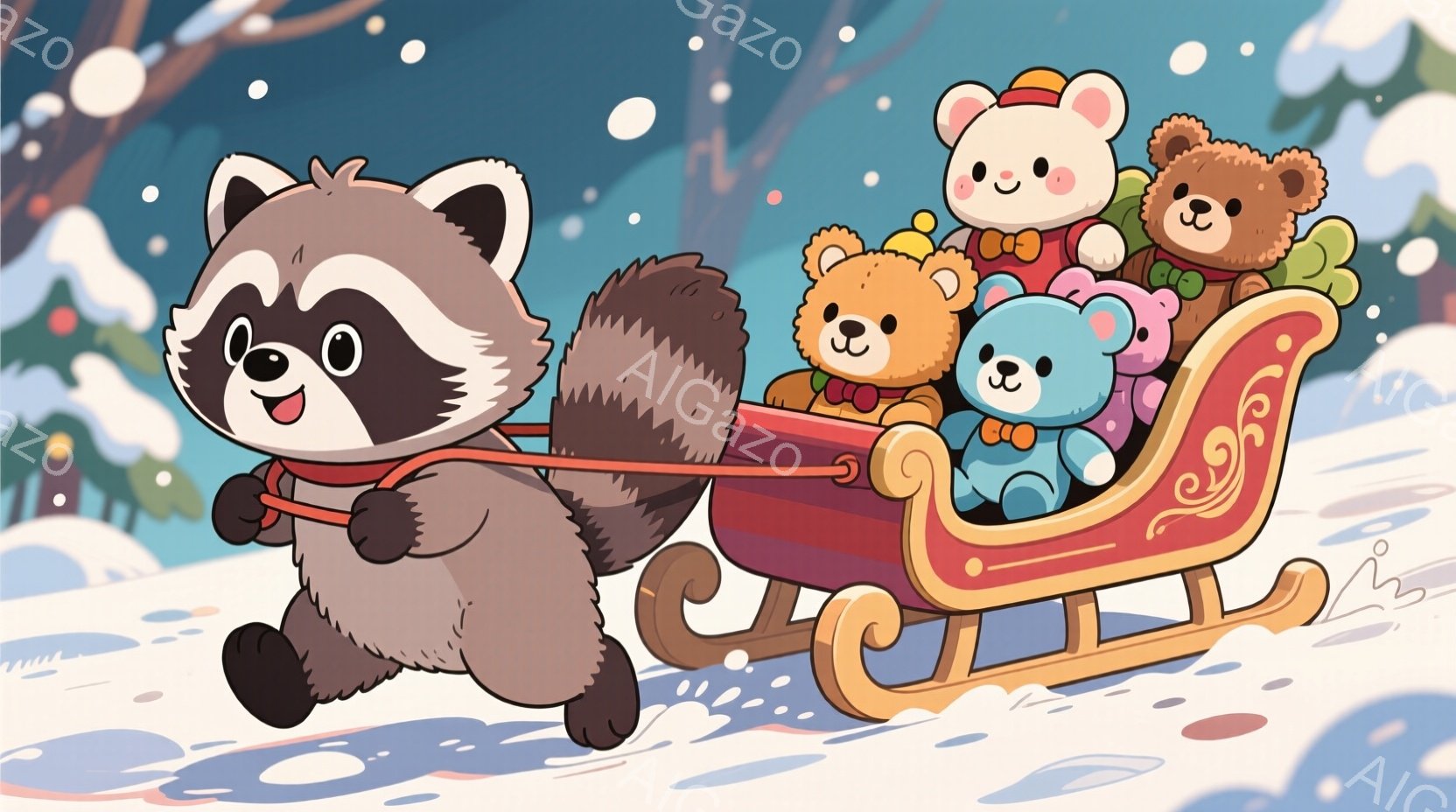アライグマが雪の中をそりを引いて走っている。そりの中には、様々な色のクマのぬいぐるみたちが乗り、楽しそうにしている。背景は雪景色で、遠くには建物が見え、雪が舞っている様子から、冬の暖かく楽しい雰囲気が伝わってくる。