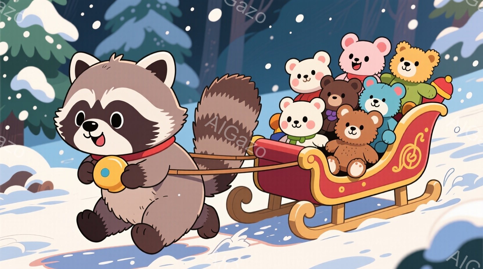 アライグマが赤いそりにたくさんのクマのぬいぐるみたちを引いています。アライグマは嬉しそうに笑い、クマたちはそりに乗り込み、楽しそうにしています。背景は雪景色で、遠くに木々が見え、冬の暖かく楽しい雰囲気が漂っています。
