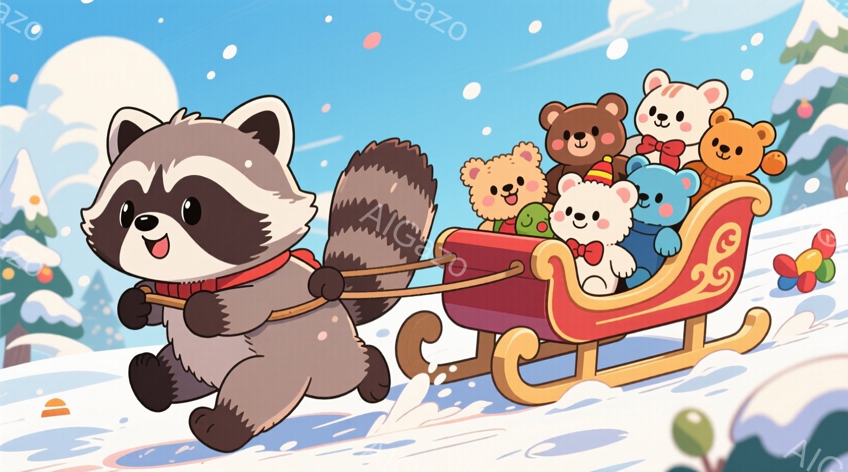 アライグマが雪の上をそりを引いて走っており、そりの中には様々な色のクマのぬいぐるみがぎっしりと詰まっています。アライグマは笑顔で、クマたちはそれぞれリボンや帽子を付けていて楽しそうです。背景には雪景色が広がり、遠くには木々と穏やかな空が広がっています。