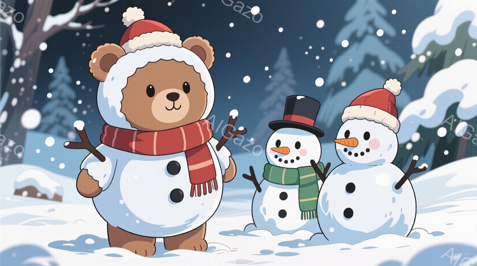 雪景色の中に、クマのぬいぐるみと二つの雪だるまが立っています。クマは赤いニット帽とマフラーを身につけ、雪だるまはそれぞれ帽子とマフラーをつけ、にっこりと微笑んでいます。背景には雪に覆われた木々と白い雪 - AI生成フリー素材