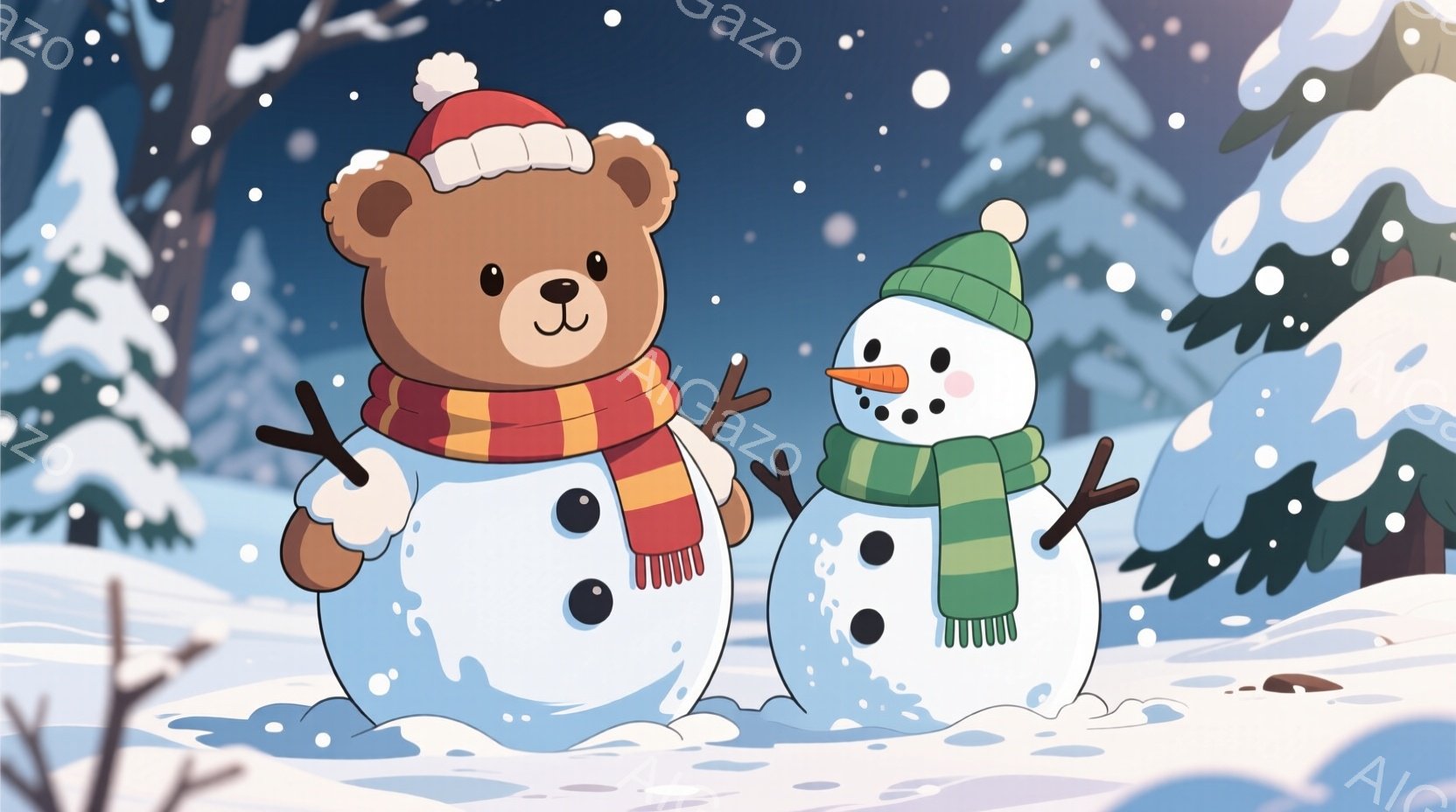 雪景色の中に、テディベアと雪だるまが並んで立っています。テディベアは赤い帽子とストライプのショールを身につけ、雪だるまは緑の帽子とショールを巻いています。背景には雪に覆われた木々があり、全体的に暖かく、冬の楽しい雰囲気が漂っています。