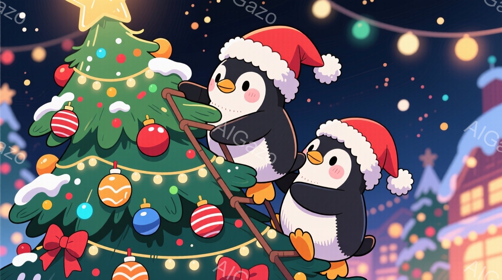 クリスマスツリーを登っているペンギンのイラストです。ペンギンたちは赤いサンタの帽子をかぶり、クリスマスの飾り付けられたツリーに挑戦的に登っています。背景には雪が降り、遠くに街の建物が見え、温かく楽しい - AI生成フリー素材