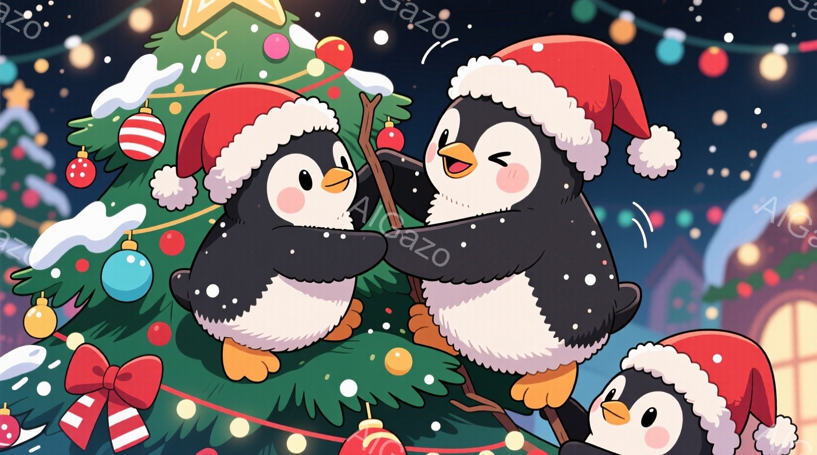 可愛らしいペンギンたちがクリスマスの飾り付けられたモミの木に登っています。それぞれサンタ帽をかぶり、嬉しそうな表情をしています。背景には雪が降り、遠くに可愛らしい建物が見え、全体的に温かく、お祝いの雰囲気が漂っています。