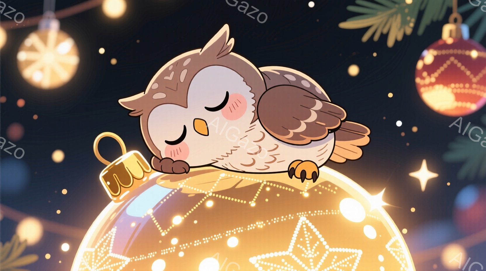 暗い背景に、装飾されたクリスマスのオーナメントの上で眠っているフクロウが描かれています。フクロウは目を閉じ、頬を赤らめ、リラックスした様子で、まるで小さな子どものように可愛らしい表情をしています。背景 - AI生成フリー素材