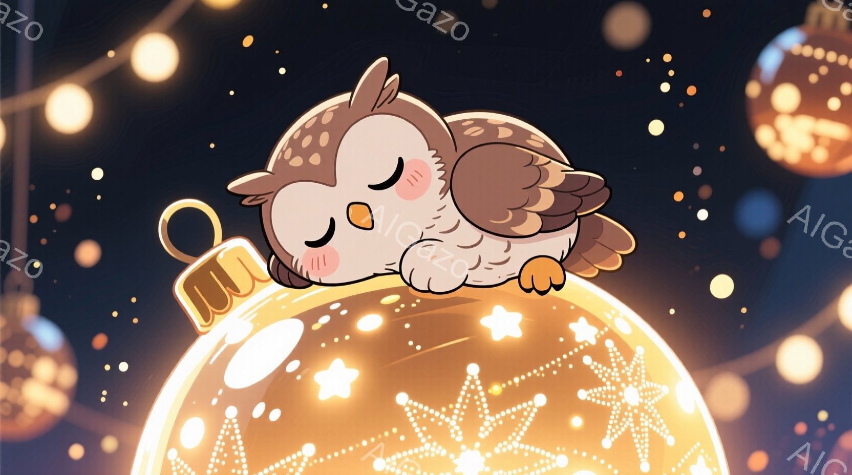 三匹の愛らしい子犬が、大きな赤いサンタの帽子の中に身を寄せ合って座っています。それぞれ異なる毛色と表情で、緑色の首輪や赤いバンダナを身に着け、プレゼントのようなカラフルなおもちゃに囲まれています。背景には、キラキラと輝くクリスマスツリーの飾りがあり、暖かく幸せなクリスマスの雰囲気を醸し出しています。