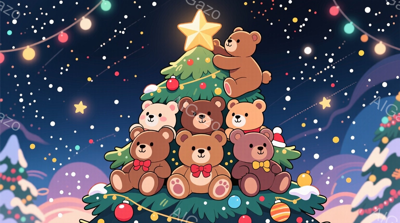 雪の上をスケートをするウサギたちが描かれています。各ウサギは白い毛並みで、可愛らしい表情をしており、氷上に残された足跡が動きを表現しています。背景には、冬の自然、雪景色と木々が見え、爽やかで楽しい雰囲 - AI生成フリー素材