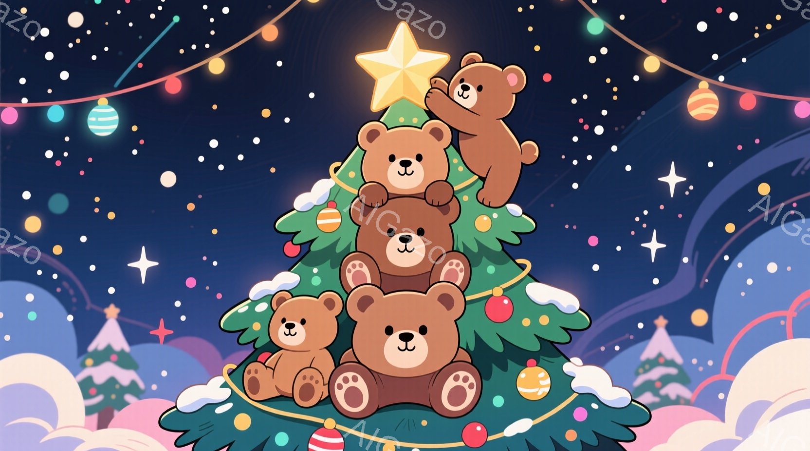 クリスマスツリーを模したクマのピラミッドが描かれています。一番下のクマは座り、上に向かってクマが積み重なっており、一番上のクマは星に手を伸ばしています。背景には、雪の積もった木々とキラキラ光る星空が広 - AI生成フリー素材