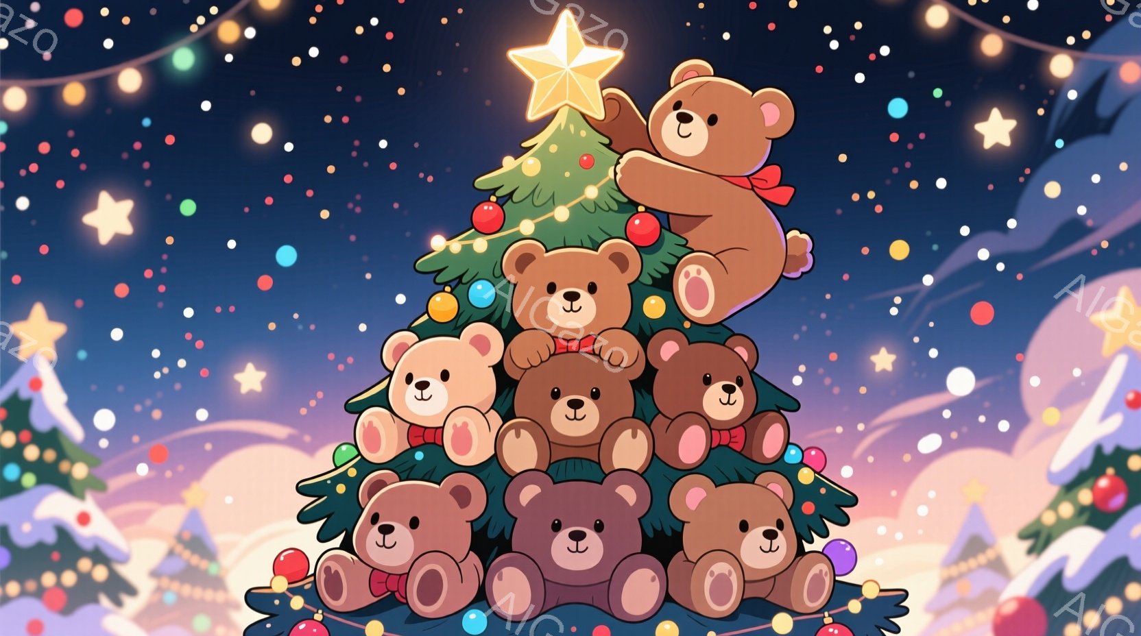 かわいいテディベアたちがクリスマスツリーのように積み重なって描かれています。それぞれのクマは異なる色合いで、赤いリボンや笑顔を浮かべており、暖かく優しい雰囲気を醸し出しています。背景には星やイルミネー - AI生成フリー素材