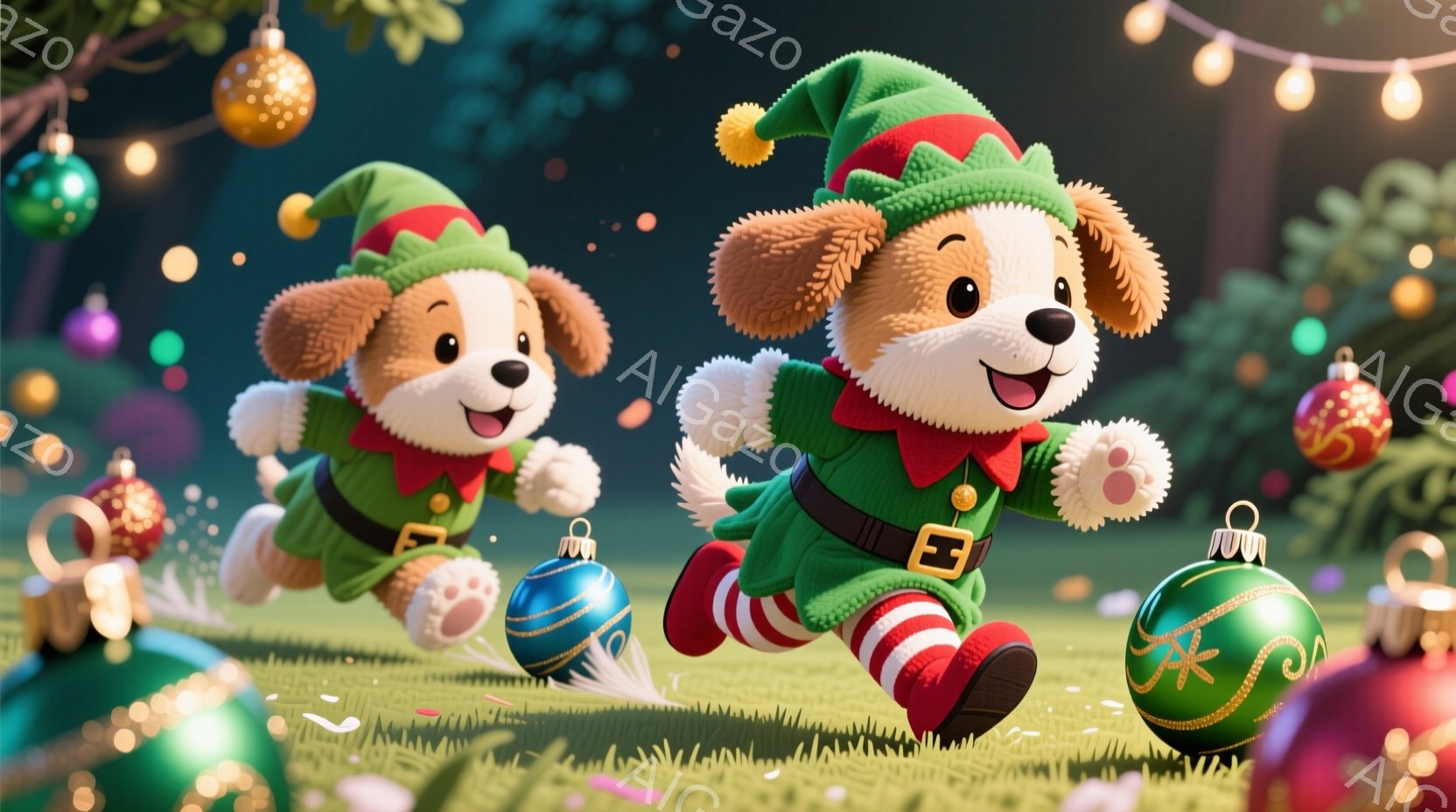 緑の妖精のような衣装を着た2匹の愛らしい子犬が写っています。子犬たちは赤い縞模様の靴下と赤い靴を履き、芝生の上を走り、周囲には様々な色のクリスマスオーナメントが散らばっています。背景にはぼやけた緑の木 - AI生成フリー素材