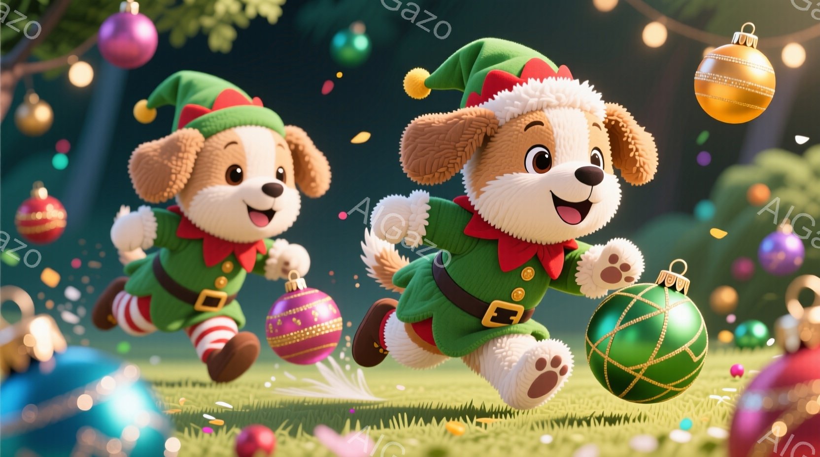 鮮やかな緑色のエルフの衣装を身につけた、愛らしい子犬たちが草原を駆け抜けている。赤い縞模様の靴下と、緑色の帽子が特徴的で、それぞれの犬は輝くオーナメントボールを追いかけている。背景には、ぼやけた木々と、キラキラと光るオーナメントが散りばめられ、全体的に楽しげで活気のあるクリスマスの雰囲気が漂っている。