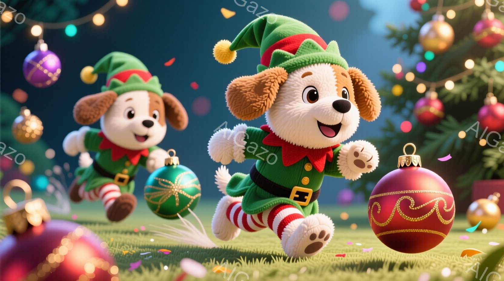 クリスマスの装飾に囲まれた芝生の上を走る2匹の犬が描かれています。犬たちは緑色のエルフの衣装を着ており、赤い縞模様の靴下を履いています。背景にはぼやけたクリスマスツリーと輝くオーナメントがあり、全体的に明るく楽しいクリスマスの雰囲気が漂っています。