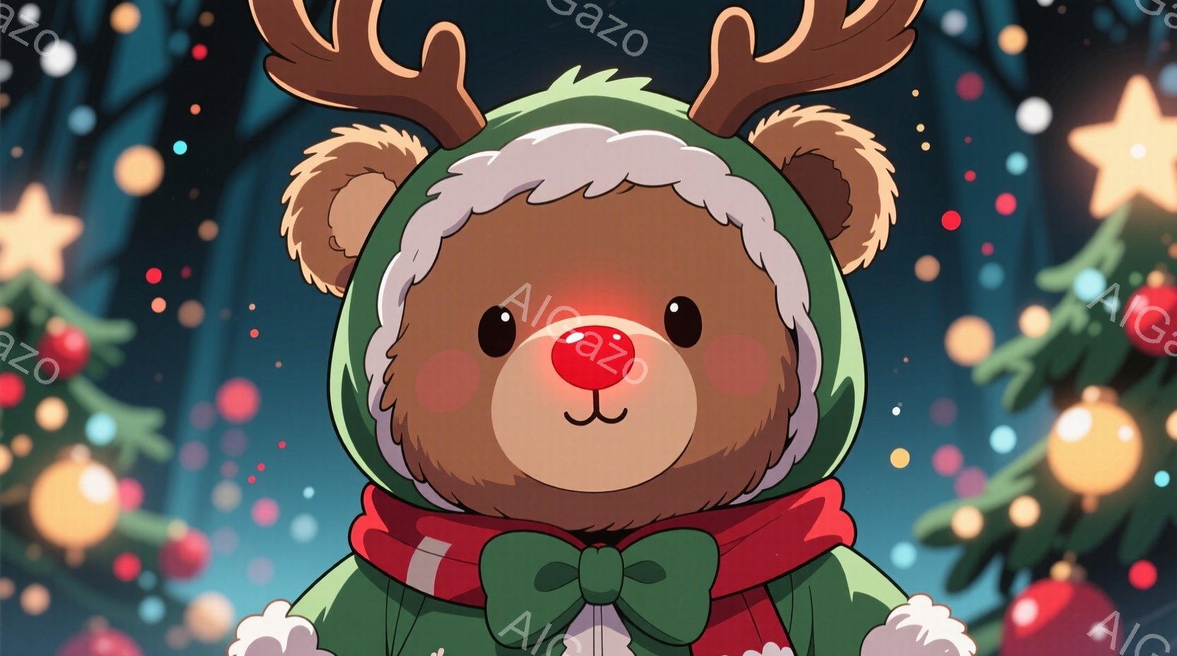 暖かくふわふわした茶色のクマが、緑色のクリスマスコスチュームを着て正面を見ている。赤い鼻と、白いフチドリの緑色の帽子とスカーフが特徴的で、優しい笑顔を浮かべている。背景には、キラキラと輝くオーナメント - AI生成フリー素材