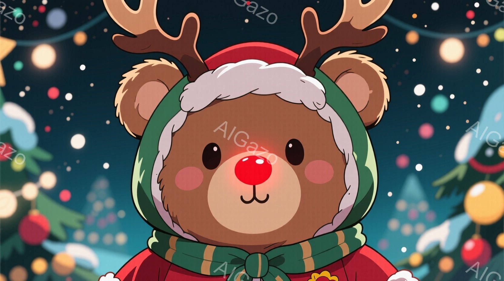可愛らしい茶色のクマのキャラクターが、赤い服と緑色のマフラー、トナカイの角のような帽子を身につけています。頬はほんのり赤く染まり、つぶらな瞳が愛らしい表情をしています。背景には、クリスマスツリーや輝く - AI生成フリー素材