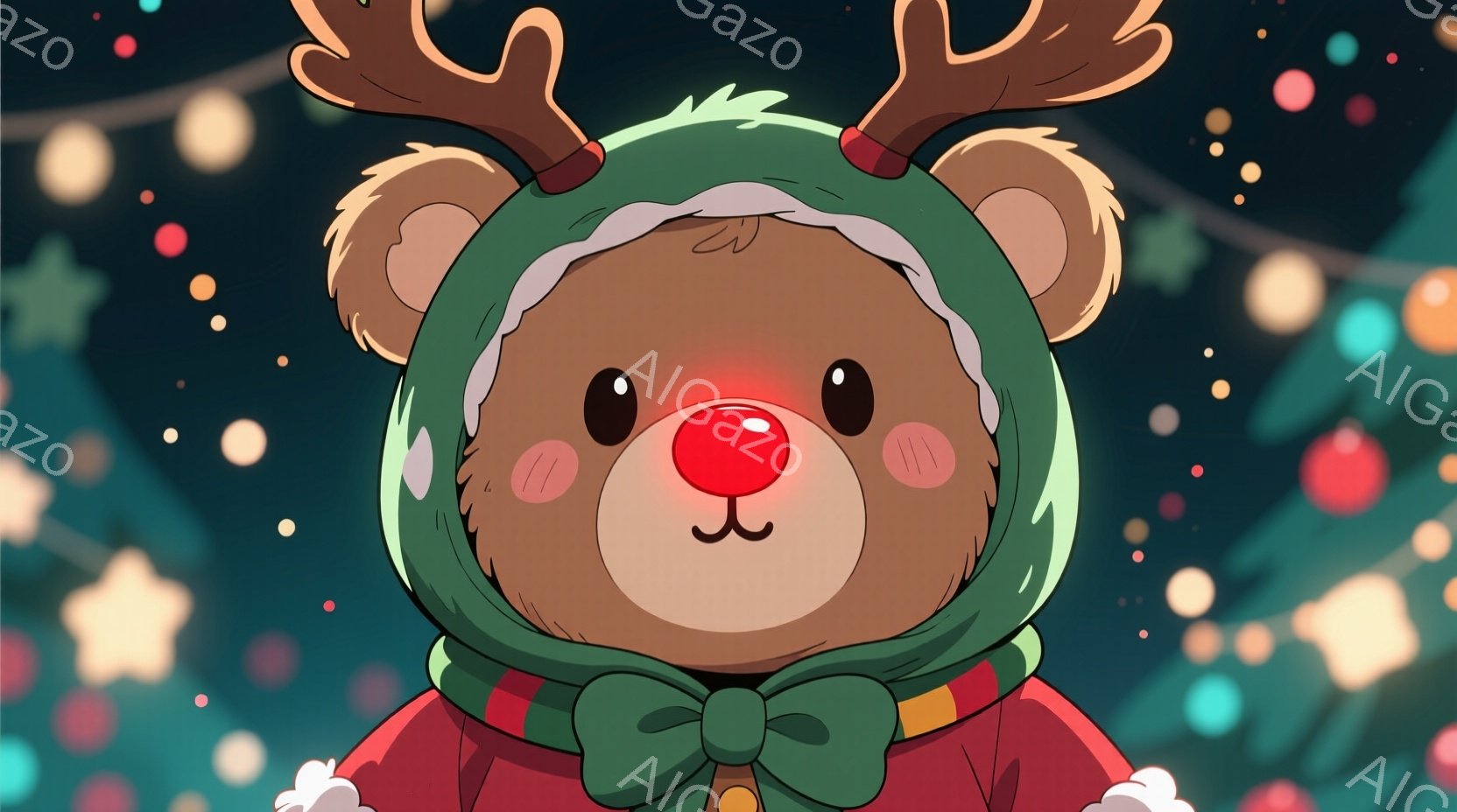 雪が舞う夜の公園で、2匹のテディベアがベンチに寄り添って座っています。一匹は明るい茶色の毛並みに赤いリボンを首に巻いており、もう一匹は濃い茶色の毛並みで、共に優しい表情で手をつないでいます。背景には雪 - AI生成フリー素材