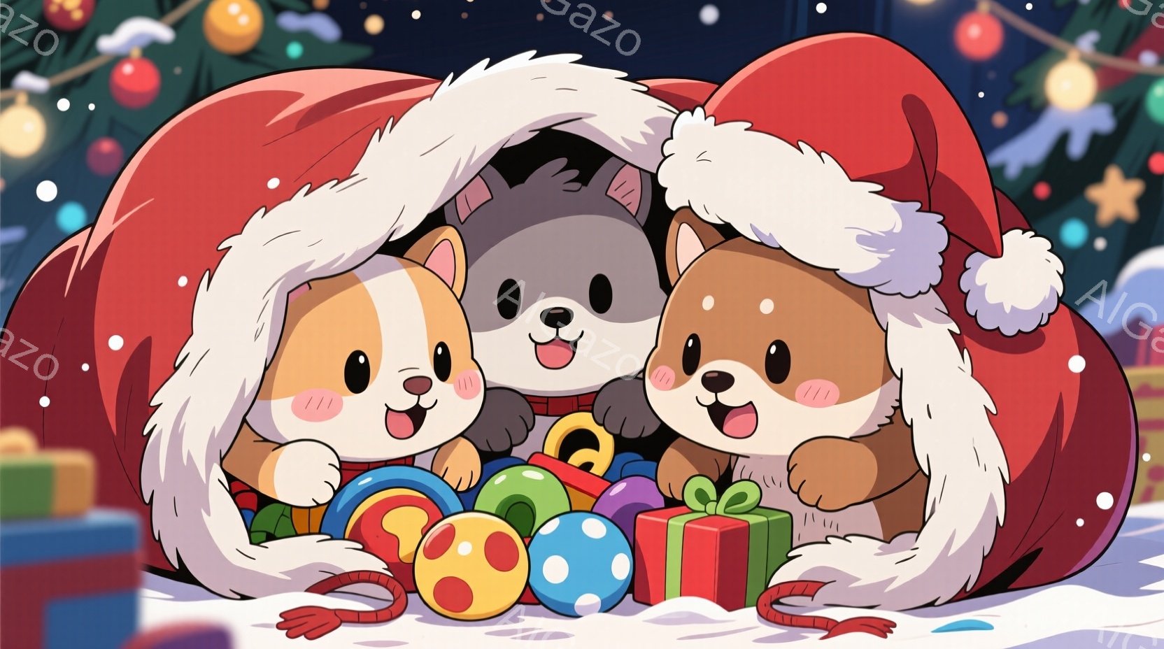 鮮やかなクリスマスを背景に、サンタの袋から顔を出した3匹の犬が描かれています。 それぞれ異なる毛色の犬たちは、赤いサンタの帽子を被り、楽しそうな笑顔を浮かべています。 袋の中には、色とりどりのクリスマ - AI生成フリー素材