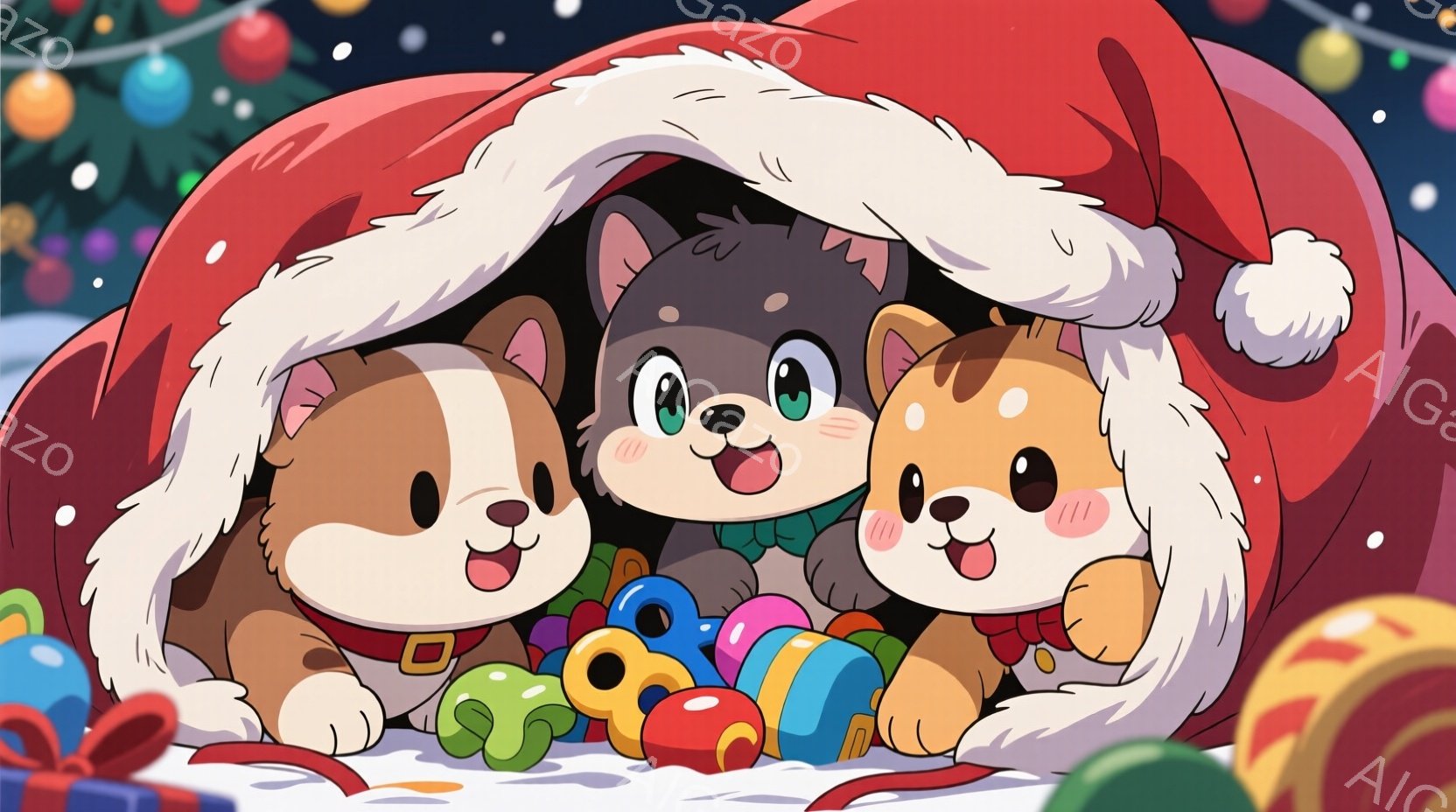 可愛らしい子犬たちが赤いサンタの袋の中でプレゼントに囲まれて楽しそうにしています。それぞれの犬は異なる毛色と表情で、ピンク色のタンや青いバンダナを付けて可愛らしさを引き立てています。背景にはクリスマスツリーの飾りや雪が舞い、暖かく幸せなクリスマスの雰囲気が漂っています。