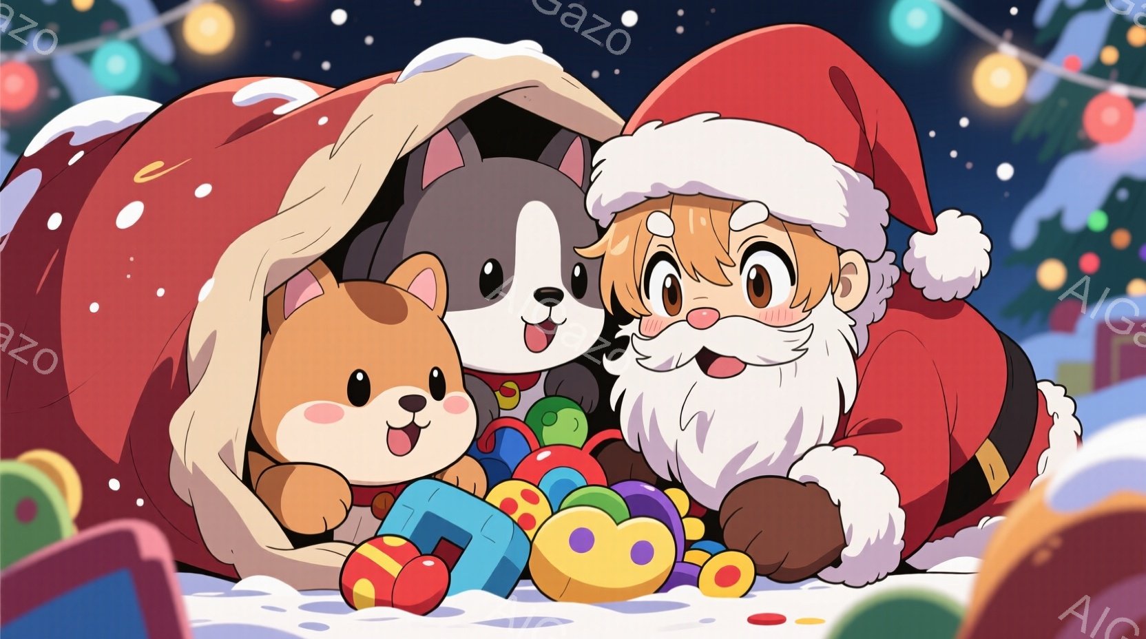 サンタクロースの格好をした男性が、茶色の毛並みを持つ2匹の犬と一緒に大きな赤い袋の中にいます。男性は白いひげを生やし、赤い帽子をかぶり、笑顔で少し顔を覗かせており、犬たちは嬉しそうに袋の中から顔を出し - AI生成フリー素材