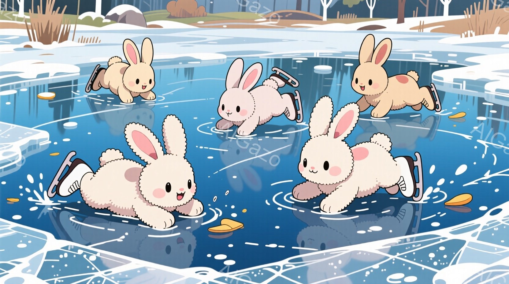 雪と氷のスケートリンクで、かわいらしいウサギたちがスケートを楽しんでいます。各ウサギは白い毛並みで、小さな赤いスカーフを巻き、スケート靴を履いて活発に滑っています。背景には冬の風景が広がり、雪景色と遠くの木々が寒々とした、しかし温かい雰囲気を醸し出しています。
