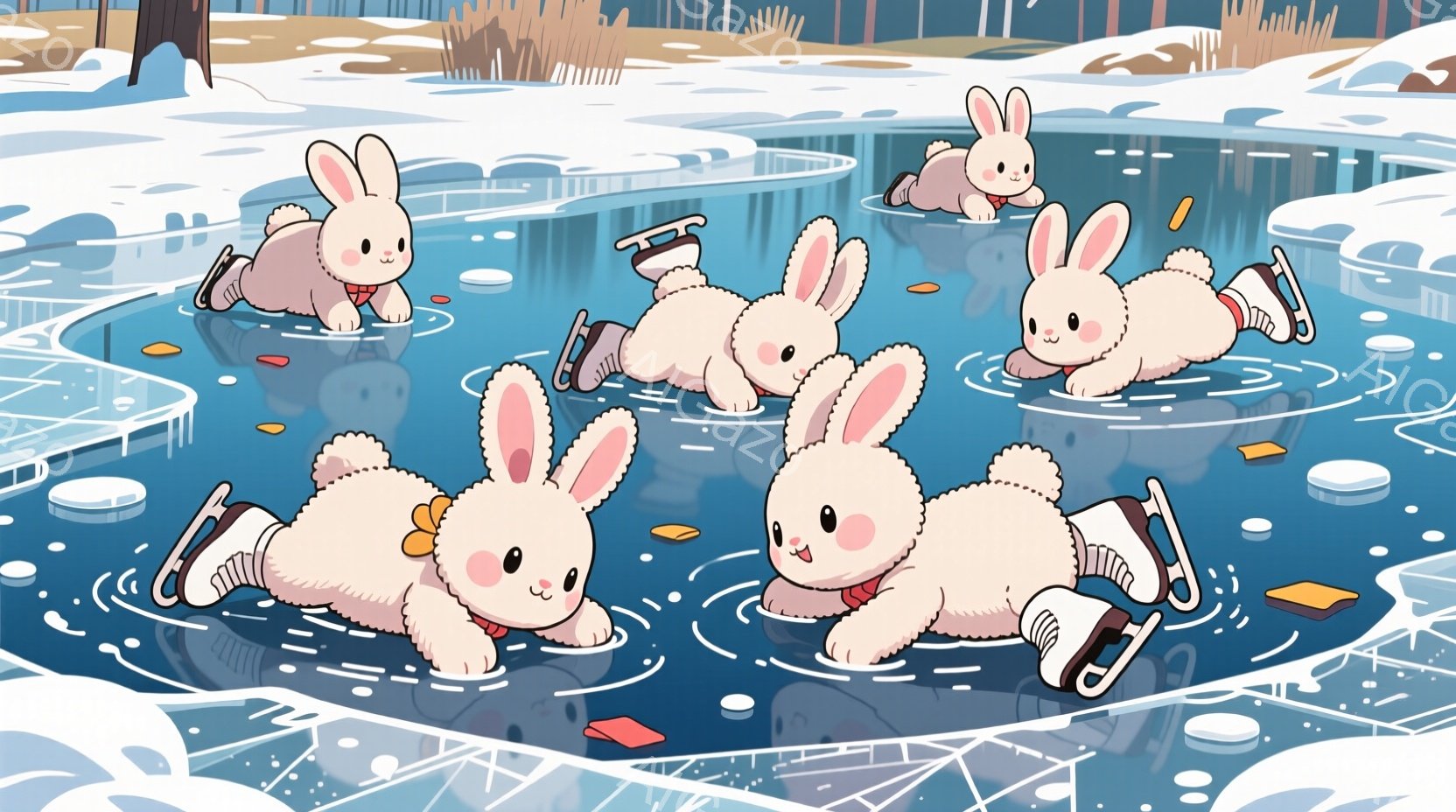 雪と氷で覆われたスケートリンクで、可愛らしいウサギたちがアイススケートを楽しんでいます。 それぞれがピンク色のリボンや蝶ネクタイをつけており、笑顔で滑る姿はとても愛らしいです。 背景には雪景色が広がり - AI生成フリー素材