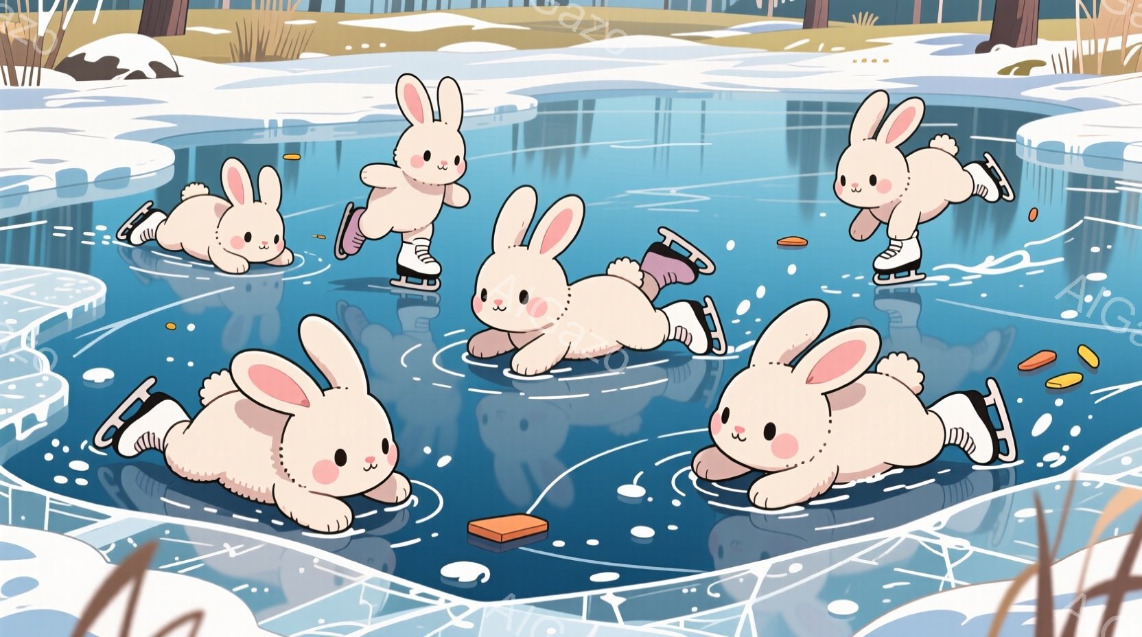 白い毛並みのウサギたちが氷上でスケートを楽しんでいる様子が描かれています。ウサギたちはそれぞれ異なるポーズで、喜びと楽しさを表現した表情をしています。背景は冬の自然で、枯れた草や木々、そして凍りついた - AI生成フリー素材