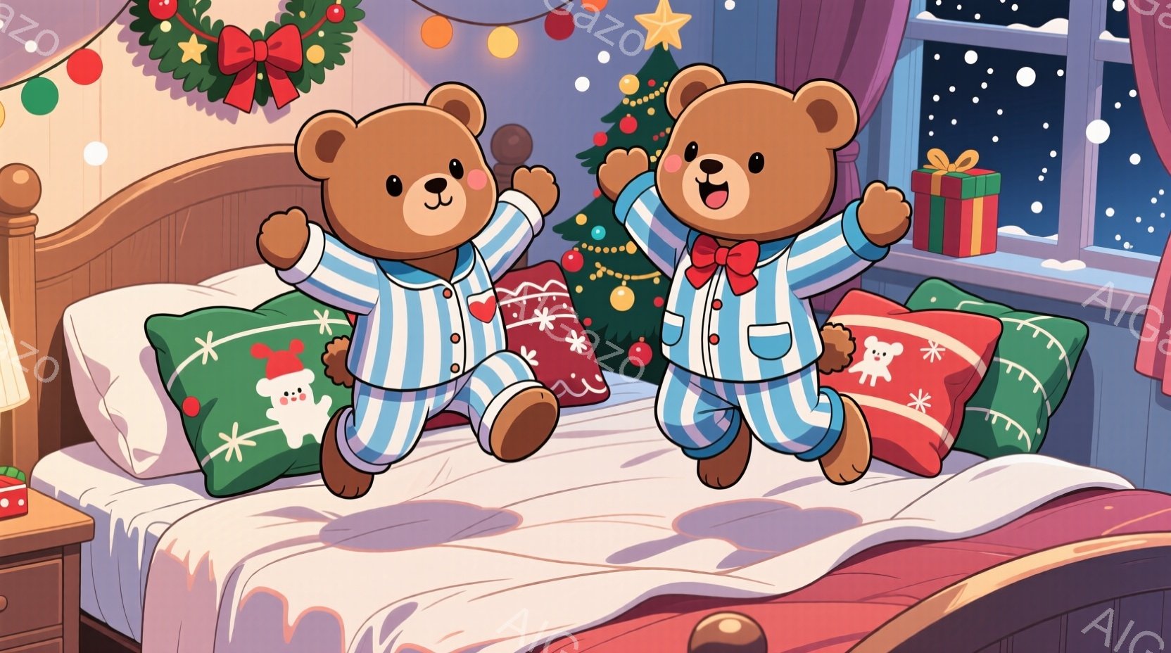 雪景色の中に、提灯を持った可愛らしいペンギンのグループが描かれています。彼らはオレンジ色の足と、緑色のスカーフを巻いており、夜空を見上げる優しい表情をしています。背景には雪に覆われた木々、そしてオーロ - AI生成フリー素材