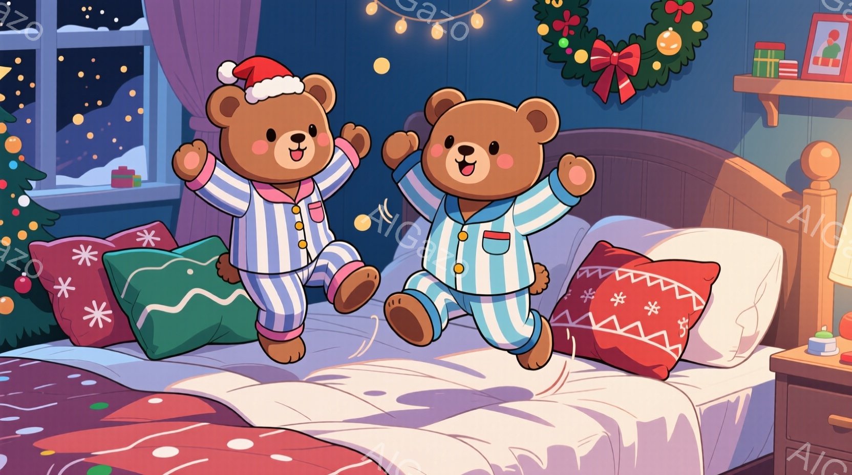 暖炉のある寝室のベッドの上で、二匹のテディベアがパジャマ姿で飛び跳ねています。ベアたちはそれぞれ赤いサンタ帽子をかぶり、笑顔で元気いっぱいの表情をしています。背景にはクリスマスツリーやプレゼント、窓の - AI生成フリー素材