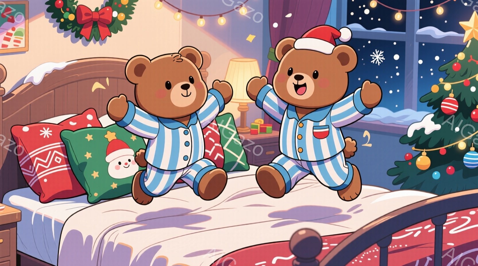 2匹のテディベアがベッドの上に座っており、縞模様のパジャマを着ています。彼らは両手を上げて喜びを表現し、笑顔を見せています。背景にはクリスマスツリー、枕、そして暖炉が見え、クリスマスの夜の温かく楽しい - AI生成フリー素材