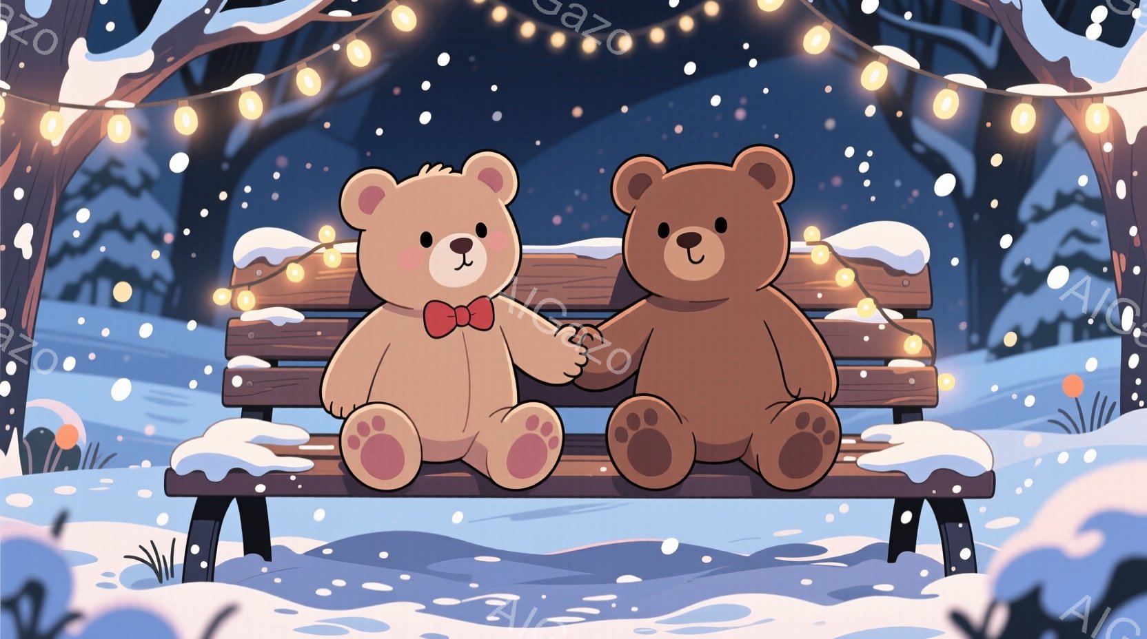 雪が降る公園のベンチに、可愛らしい茶色のクマのぬいぐるみ2匹が寄り添って座っています。一匹は赤いリボンを首につけ、もう一匹はシンプルなクマの姿で、手をつないで穏やかな表情を浮かべています。背景には雪で - AI生成フリー素材