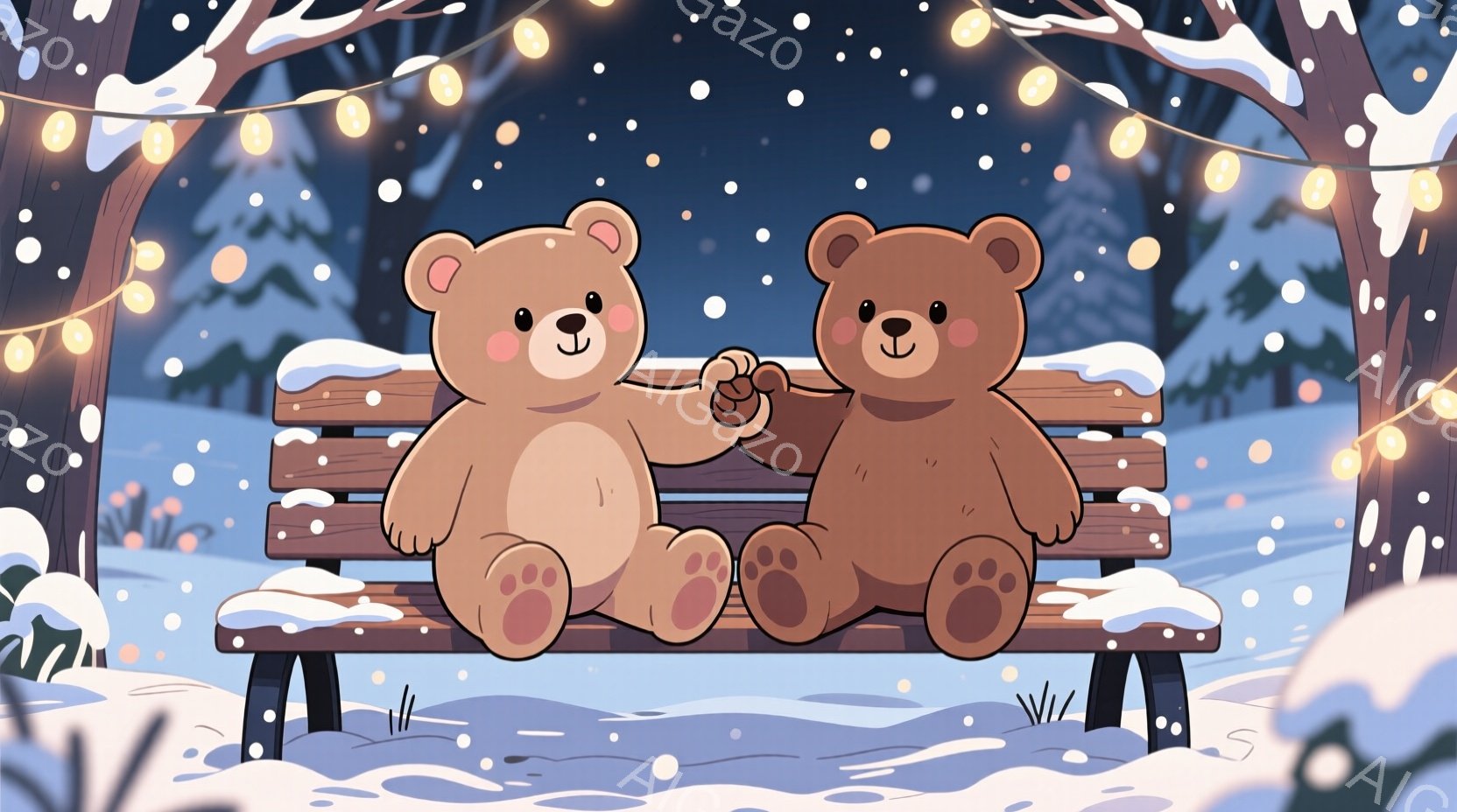 茶色のクマのぬいぐるみ2匹が公園のベンチに寄り添って座っています。雪が降り積もり、背景には木々が立ち並び、温かい光のイルミネーションが飾られています。クマたちは微笑んでおり、まるで恋人同士のような穏や - AI生成フリー素材