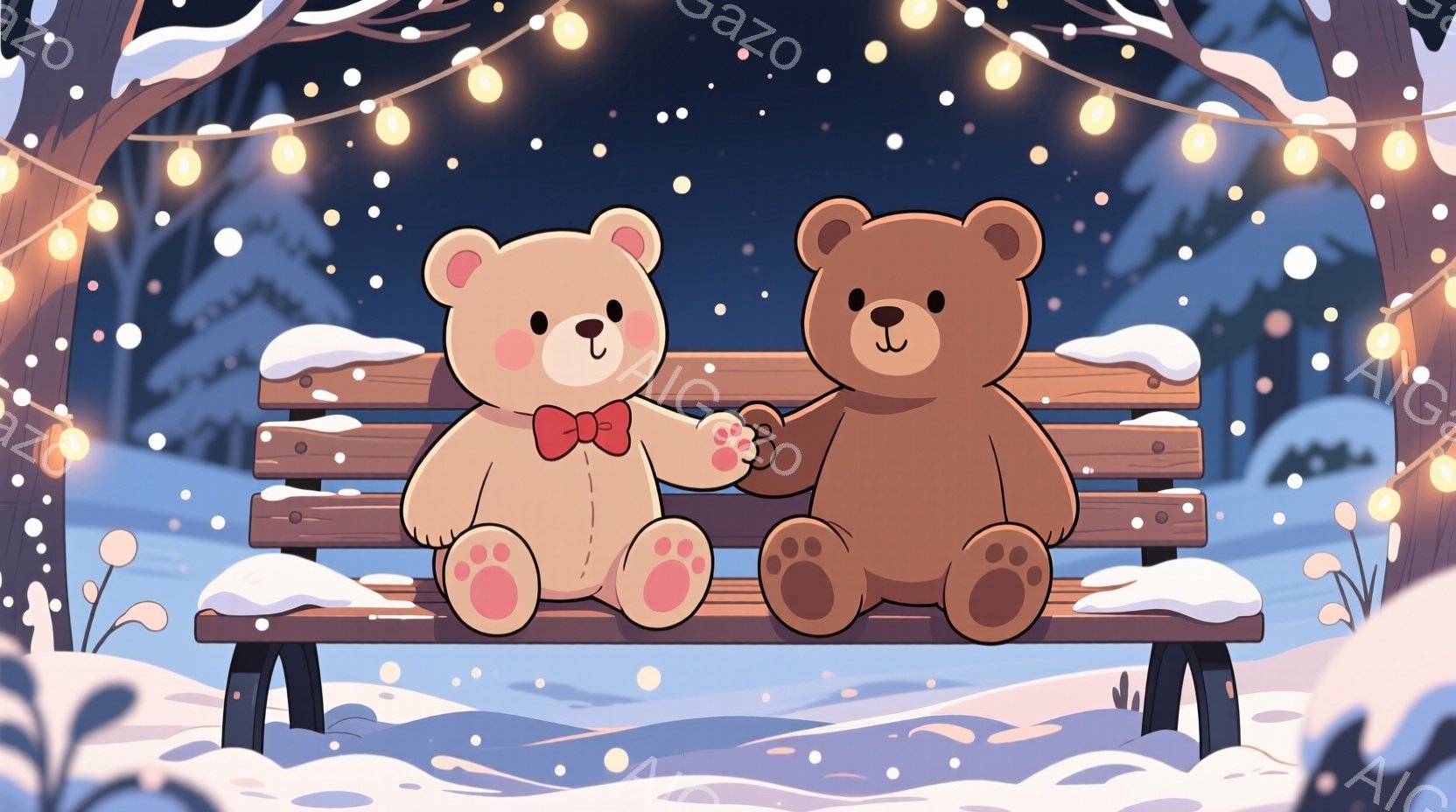 雪が降る夜の公園で、可愛らしいクマのぬいぐるみ2匹がベンチに座り、手をつないでいます。一匹は明るい茶色で赤いリボンを付け、もう一匹は濃い茶色で穏やかな表情をしています。背景には雪に覆われた木々と、温か - AI生成フリー素材