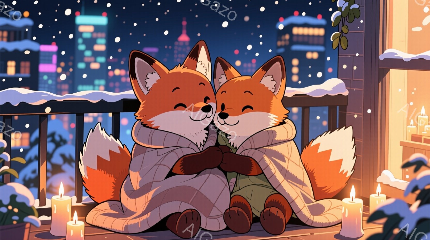 2匹の狐が、暖炉のような暖かい色の毛布に包まれ、寄り添って座っています。彼らは笑顔で、幸せそうな表情をしています。背景には、雪が降る夜の都市のスカイラインと、暖かく光るたくさんのキャンドルが見え、冬の - AI生成フリー素材