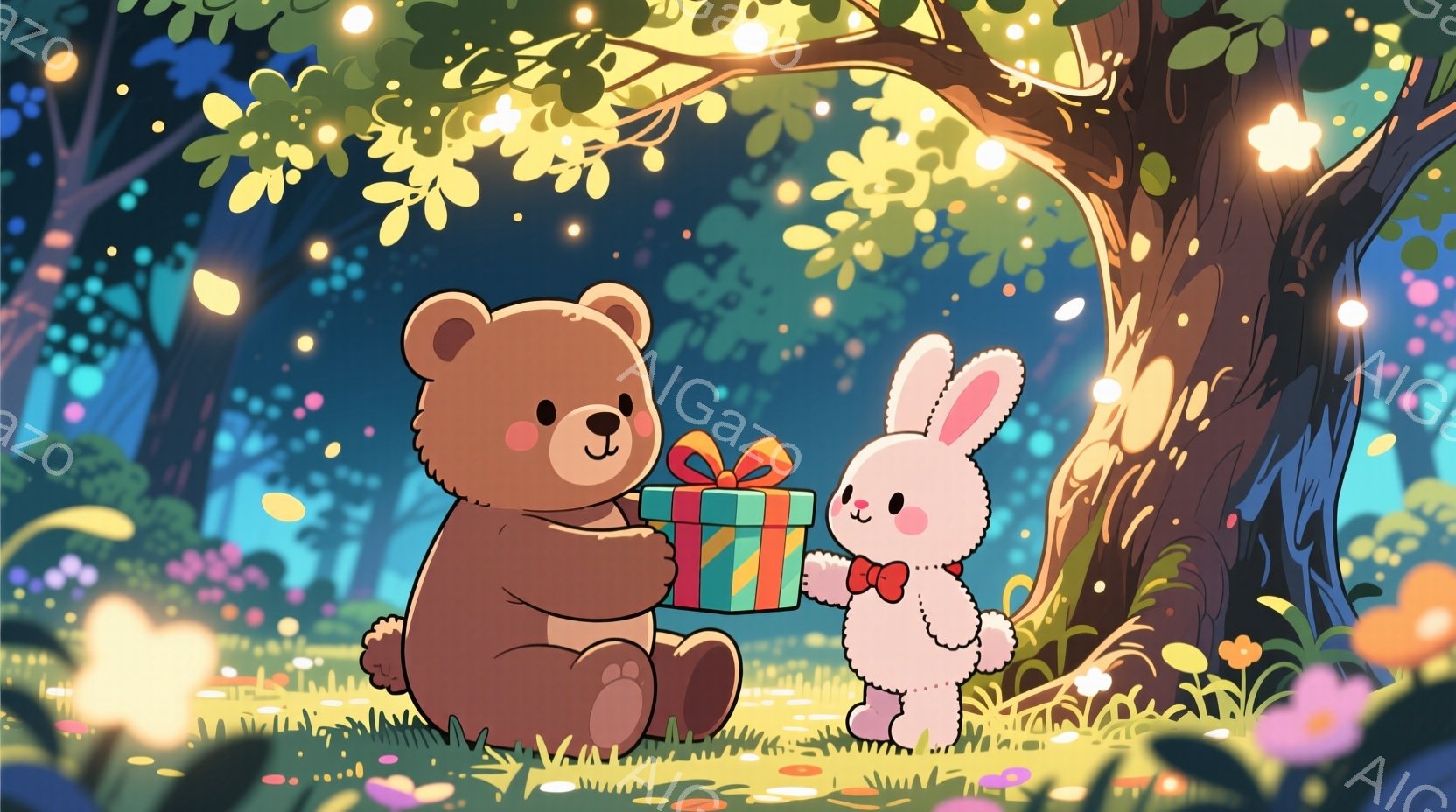 茶色のクマと白いウサギが草原でプレゼントを交換し合っています。ウサギは赤いリボンをつけており、クマに緑色のリボンで結ばれたプレゼントを渡しています。背景には花々が咲き乱れ、木々が生い茂り、幻想的な雰囲気です。