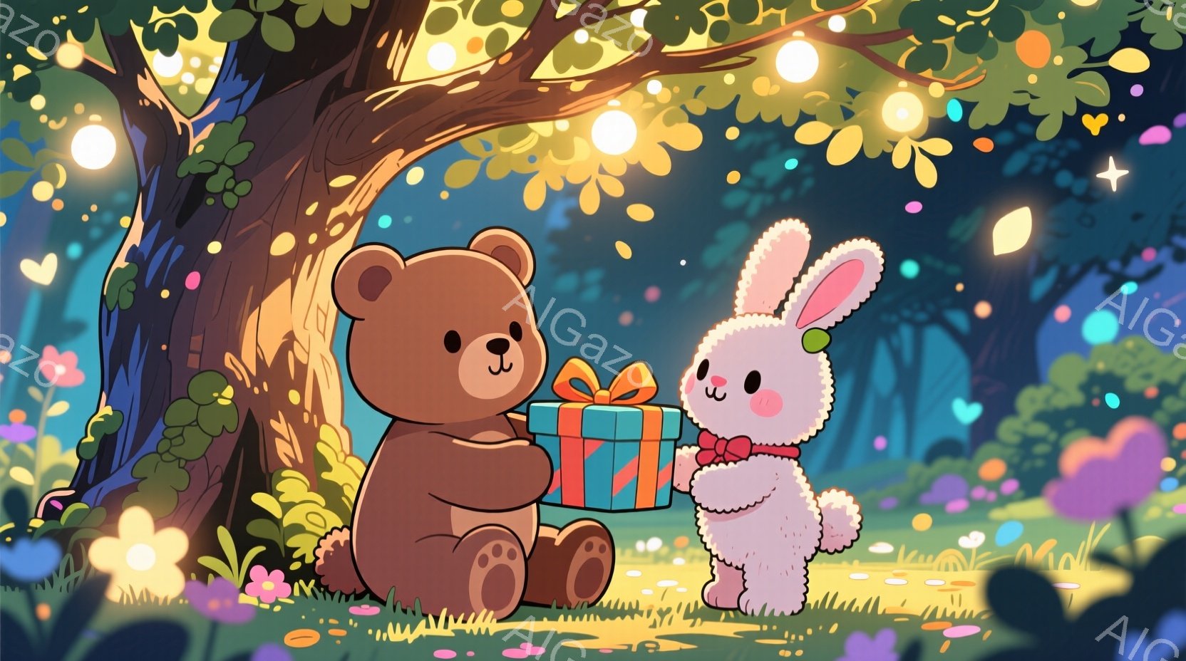 暖かく優しい雰囲気のイラストで、クマとウサギが描かれています。クマは立って両手を前に出し、ウサギは赤いリボンをつけて立ち、青いリボンで結ばれたプレゼントをクマに渡そうとしています。背景には色とりどりの - AI生成フリー素材