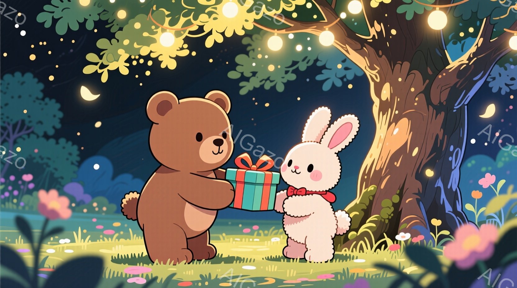ぬいぐるみのようなクマとウサギが、夜の草原でプレゼントを交換しています。クマは茶色で丸い体型をしており、ウサギは白くてふわふわしており、赤いリボンをつけています。背景には、夜空を彩る光の帯、花々が咲き - AI生成フリー素材