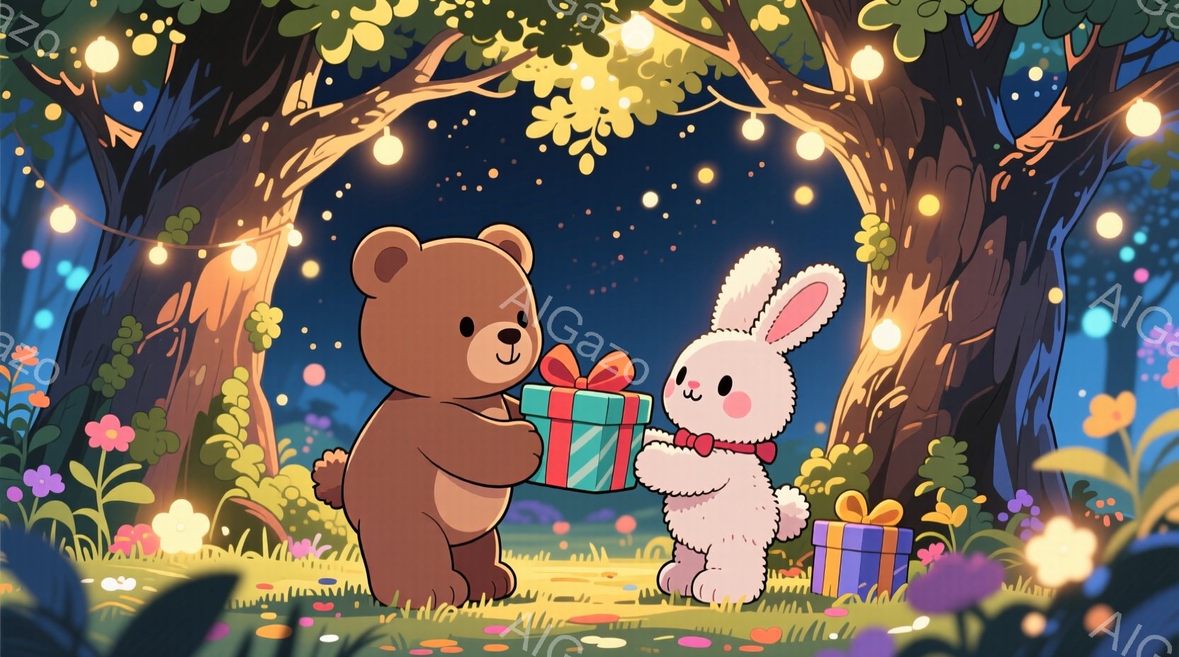 暖かく優しい雰囲気のイラストで、茶色のクマと白いウサギがプレゼントを交換しています。クマは緑色のリボンで結ばれたプレゼントをウサギに差し出し、ウサギは赤いリボンをつけていて、足元には青いリボンのプレゼ - AI生成フリー素材