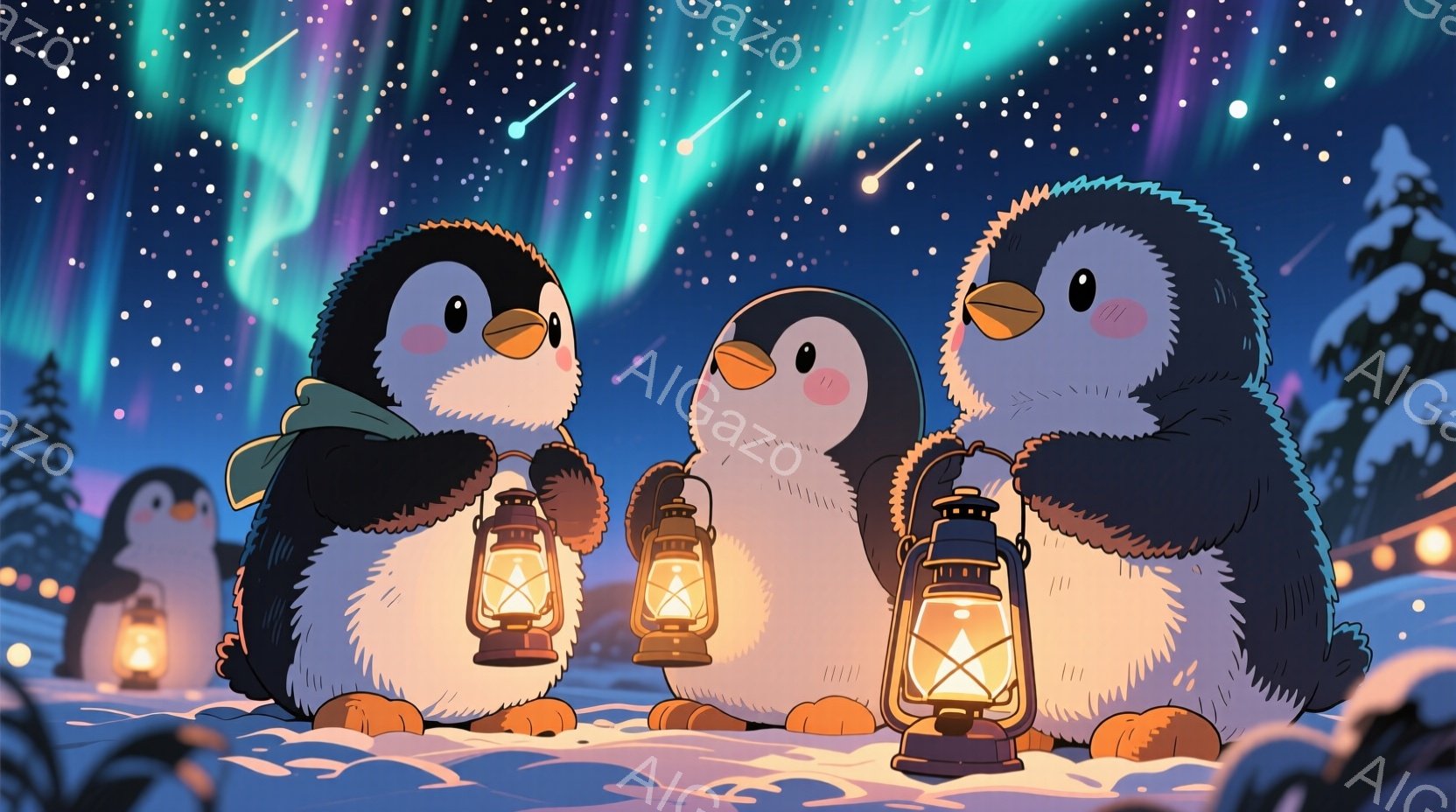 雪景色の中に、提灯を持った可愛らしいペンギンたちが描かれています。ペンギンたちはオレンジ色の足とくちばしを持ち、それぞれ緑色のマフラーを巻いており、穏やかで幸せそうな表情をしています。背景にはオーロラ - AI生成フリー素材