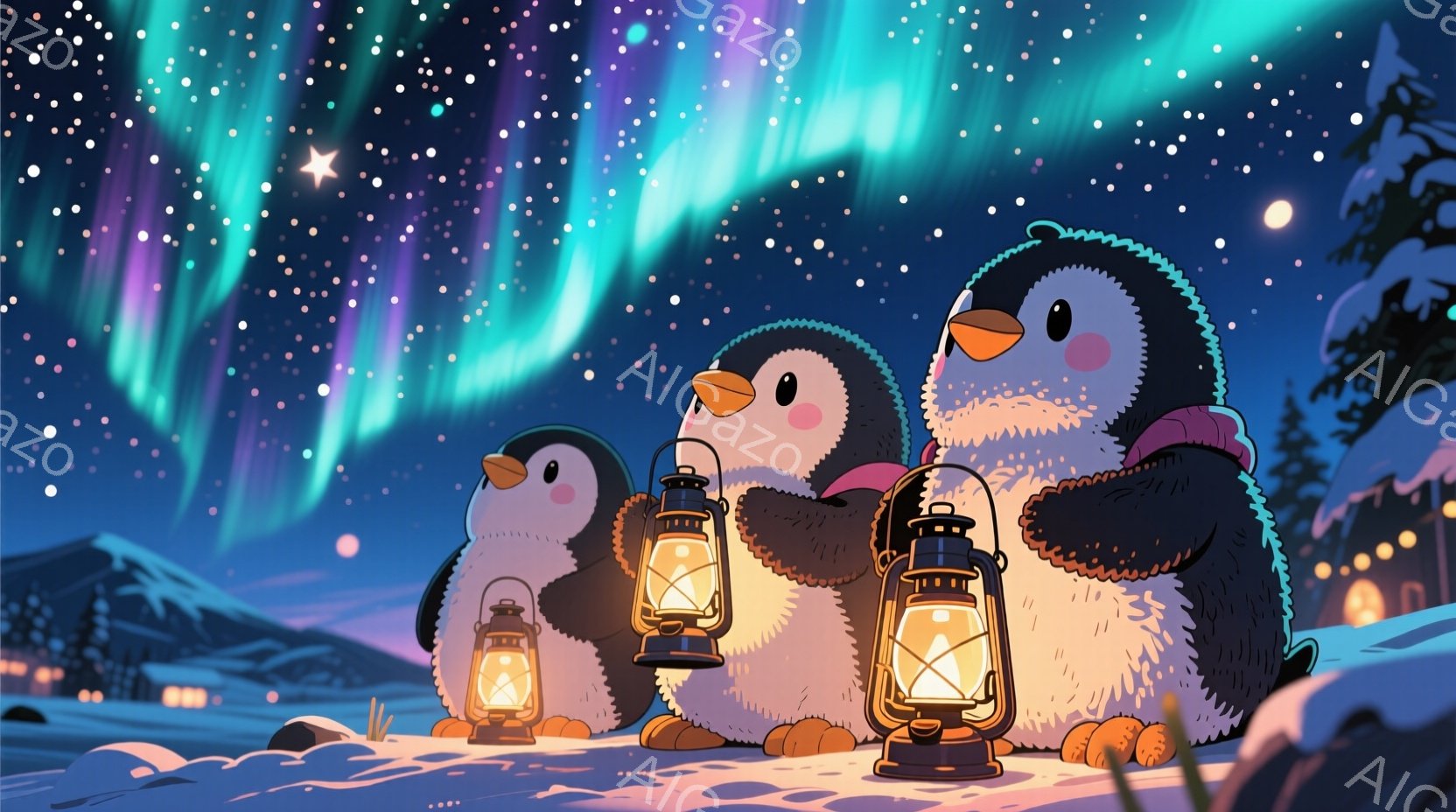 雪景色の中に、提灯を持った3匹のペンギンが並んでいます。一番大きなペンギンは微笑んでおり、他の2匹も穏やかな表情をしています。背景には、雪をまとった山々と暗い空に輝くオーロラ、遠くに見える暖かい光の灯 - AI生成フリー素材