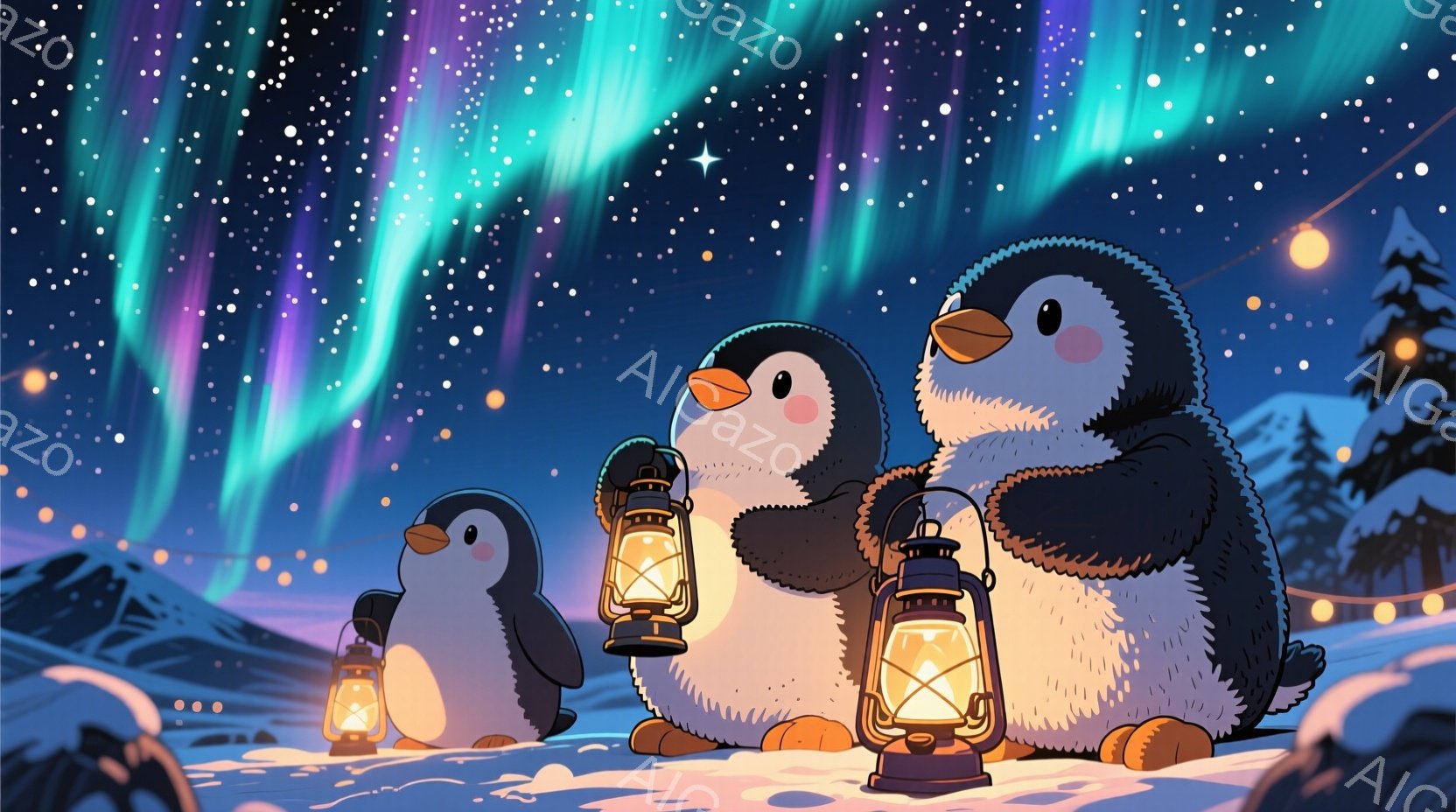 雪景色の中で提灯を持ったペンギンたちが描かれています。一番大きなペンギンは両腕で提灯を高く掲げ、他の小さなペンギンは片手で提灯を抱えています。背景には、夜空にオーロラが輝き、雪に覆われた山々と遠くの松 - AI生成フリー素材
