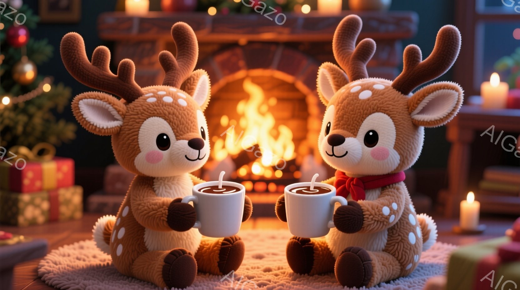 ふわふわした子鹿のぬいぐるみのようなキャラクターが2体、暖炉の前で寄り添って座っています。それぞれ赤いリボンと白い水玉模様の服を着ており、手に白い湯気の立つマグカップを持っています。背景にはクリスマスツリーやプレゼント、暖炉の火が暖かく、穏やかな冬の雰囲気を醸し出しています。
