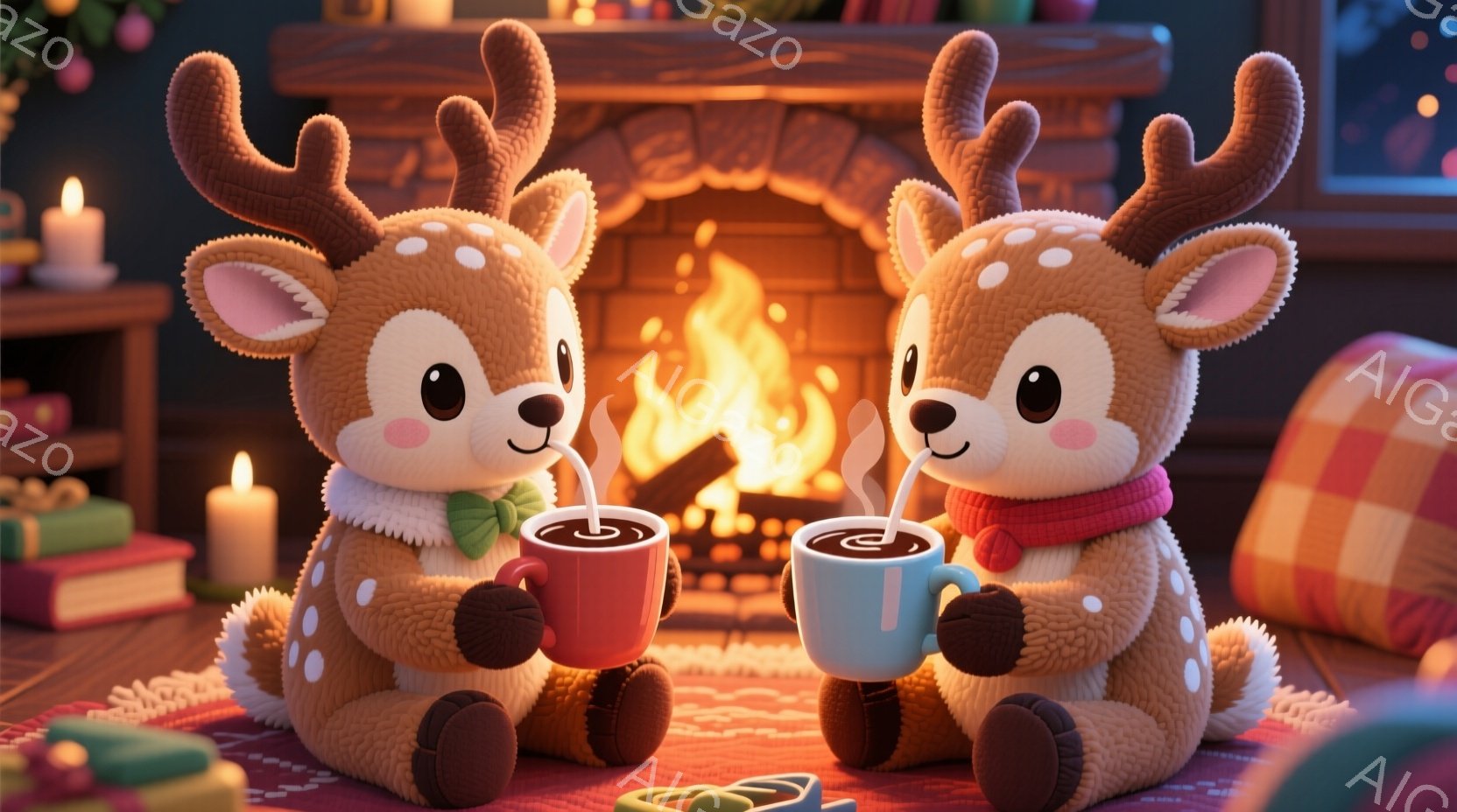 ふわふわした子鹿のキャラクターが2匹、暖炉の前で寄り添って座っています。それぞれ赤いリボンと緑のリボンを首に巻き、ホットチョコレートのような温かい飲み物を手に持っています。背景には、本棚、キャンドル、暖かい色のラグがあり、クリスマスの雰囲気を感じさせる、居心地の良い冬のシーンです。