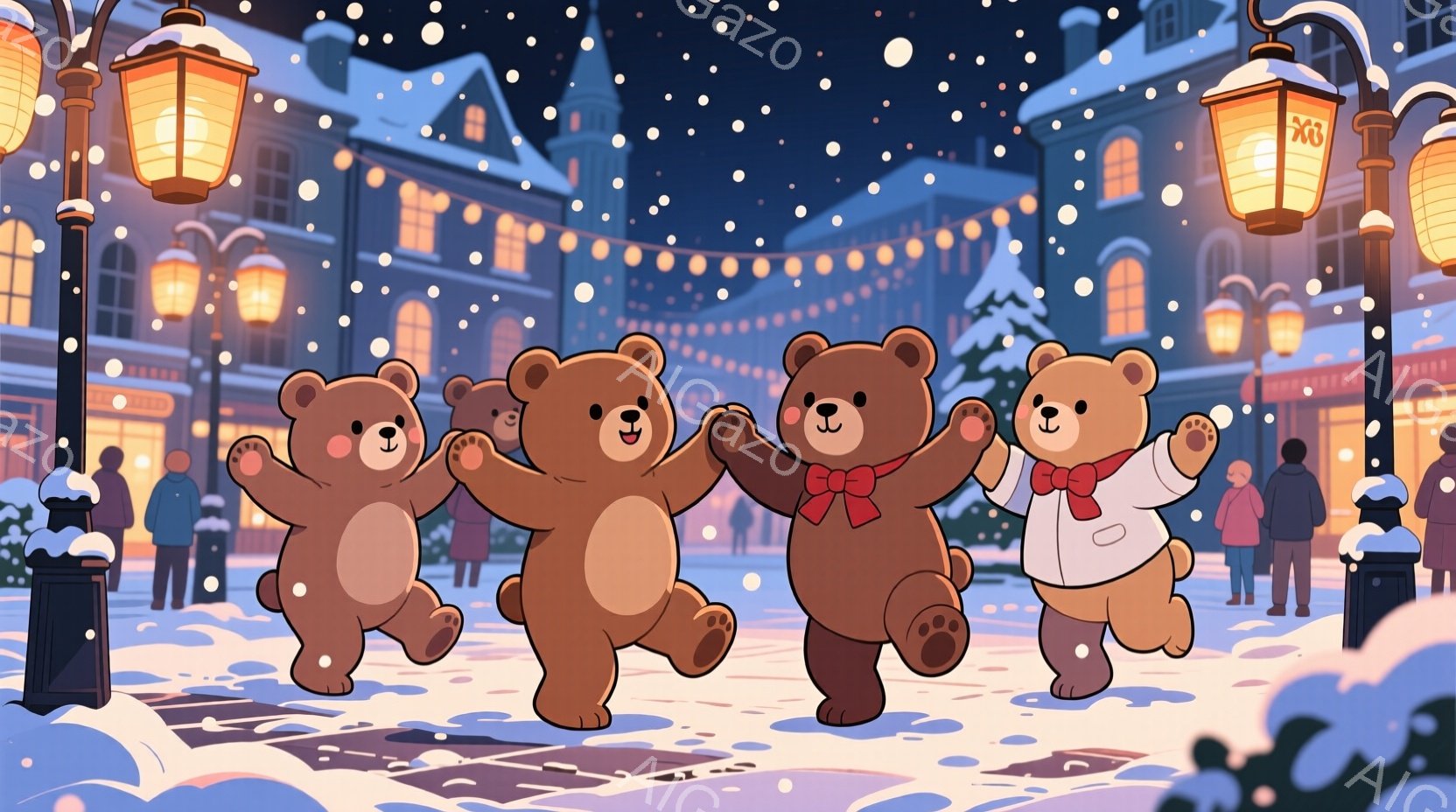 冬の夜に通りを歩く、可愛らしいクマのキャラクターが並んでいます。彼らはそれぞれ異なる色の服を着ており、赤いリボンやベストなど、おしゃれな装いです。背景には、雪で覆われた建物や通り、そして優しい光を放つ - AI生成フリー素材