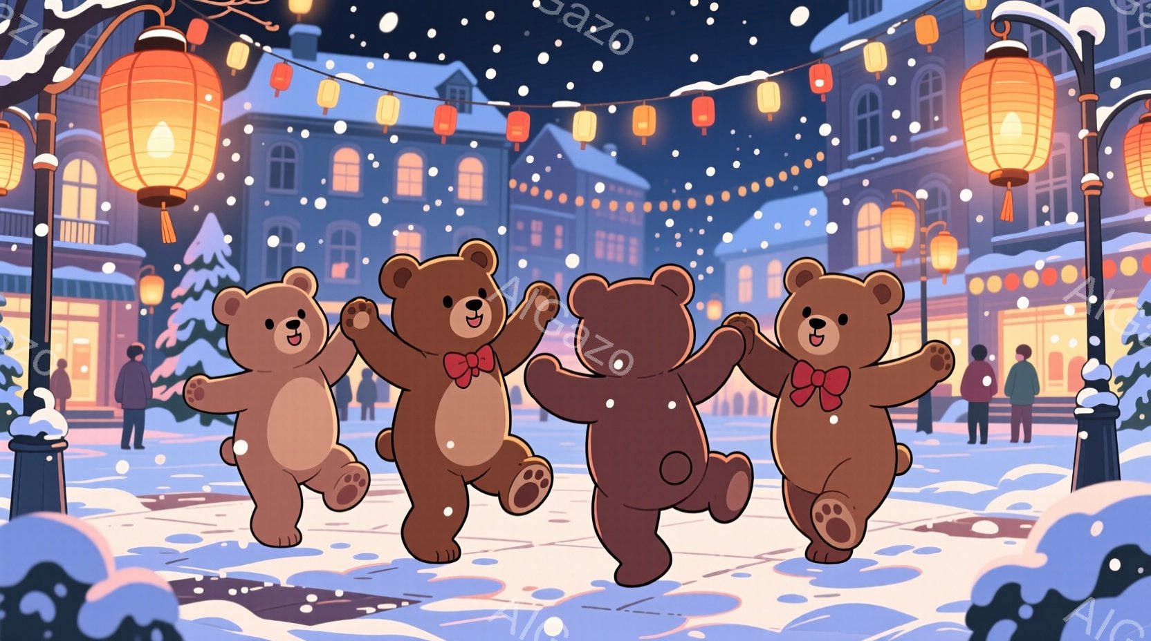 雪が舞う賑やかな街並みを背景に、可愛らしい茶色のクマのぬいぐるみたちが楽しそうに踊っています。クマたちは皆、赤いリボンを首に巻いており、満面の笑みを浮かべて腕を広げ、軽快なステップを踏んでいます。背景 - AI生成フリー素材