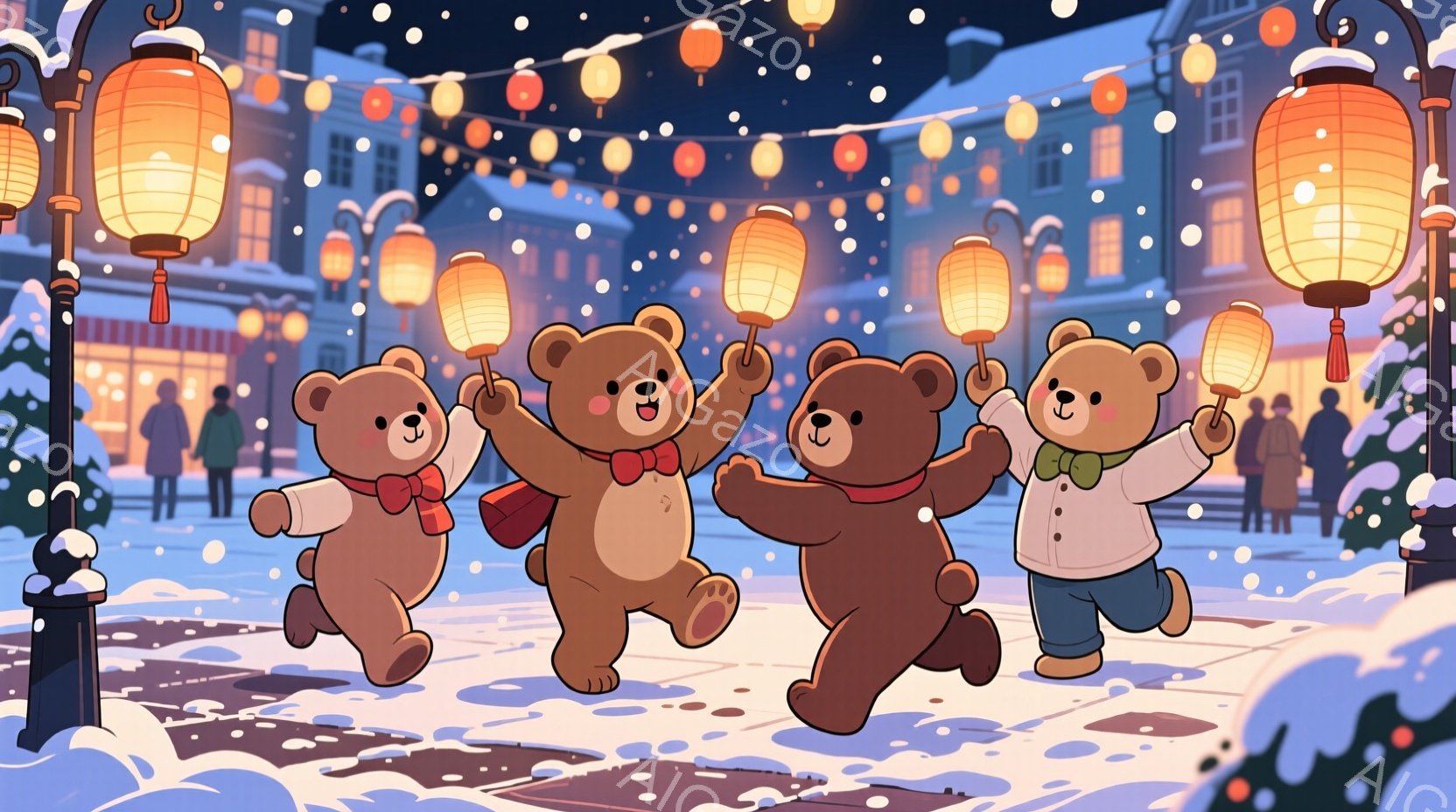 雪が舞う街並みを、可愛らしいクマのキャラクターが4匹、提灯を高く掲げながら楽しそうに歩いている様子が描かれています。彼らはそれぞれ赤いリボン、ベスト、緑のコートなど、異なる色の洋服を着ており、表情も明るく、活気に満ちています。背景には、クリスマスのような装飾が施された建物が立ち並び、暖かい光が灯っており、冬の夜の温かい雰囲気を醸し出しています。