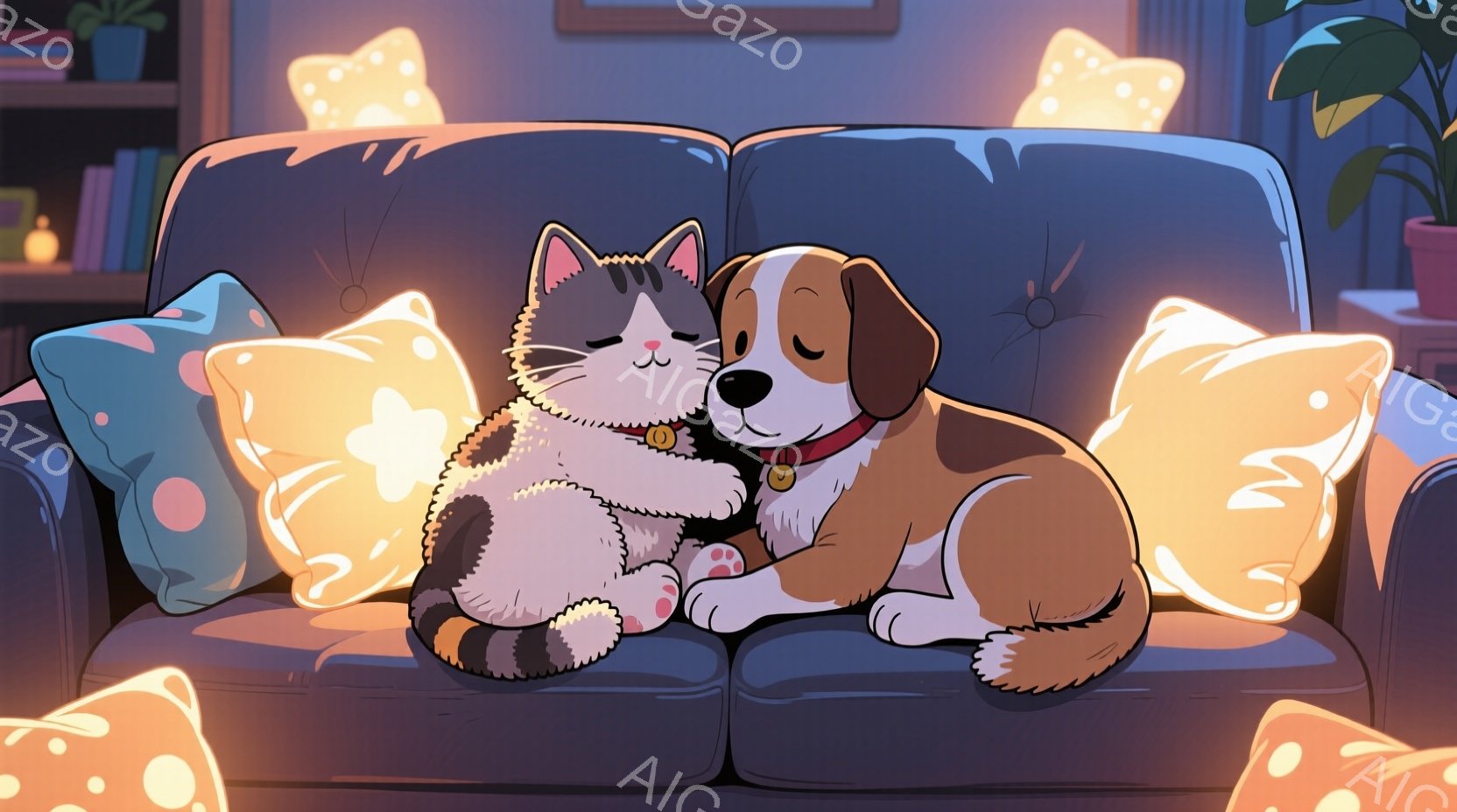 ソファの上で猫と犬が寄り添って眠っています。猫は白とグレーの毛並みで、犬は茶色い毛並みで赤い首輪を付けています。背景には本棚と観葉植物が見え、柔らかい光が暖かく優しい雰囲気を醸し出しています。 - AI生成フリー素材