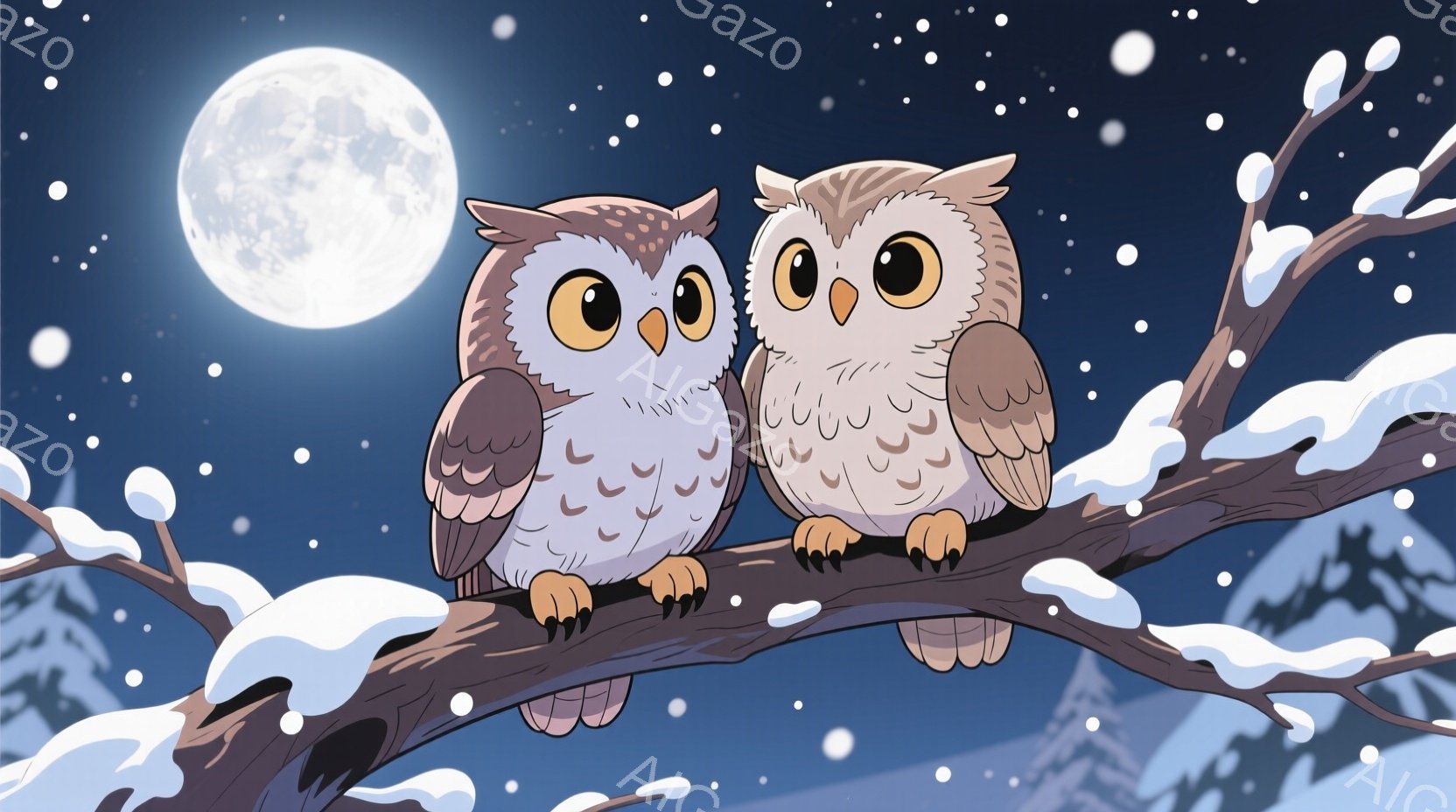 雪が降る夜、木の枝に寄り添う二羽のフクロウが描かれています。大きな丸い目と可愛らしい表情を持ち、冬の寒さにも負けず温かい雰囲気を醸し出しています。背景には満月が輝き、雪景色が広がり、静かで穏やかな冬の - AI生成フリー素材