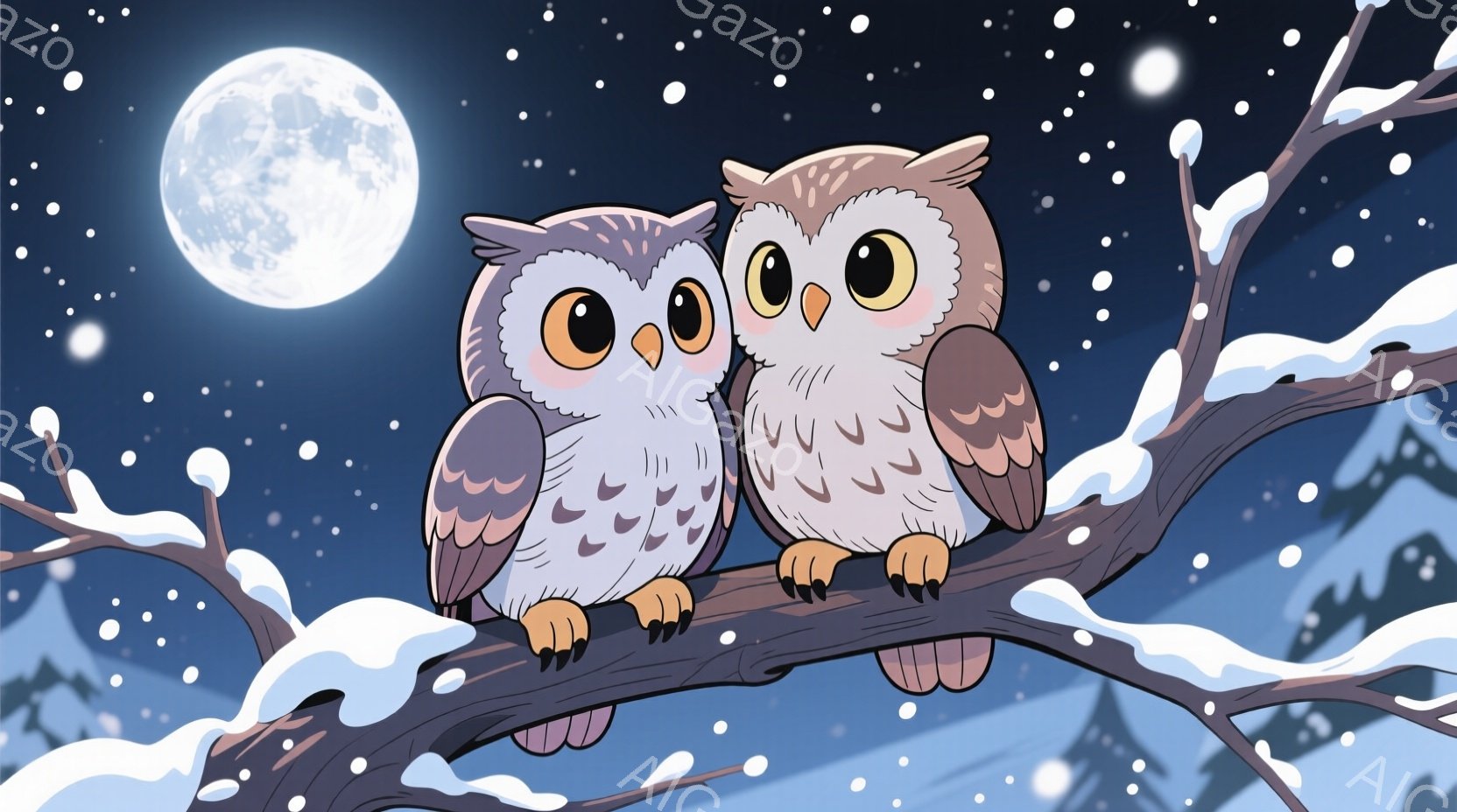 雪が舞う夜、二羽のフクロウが雪の積もった木の枝に寄り添って座っています。フクロウたちは大きな丸い目をしており、顔は可愛らしい表情をしています。背景には遠くの山々と、明るい満月が輝き、静かでロマンチック - AI生成フリー素材