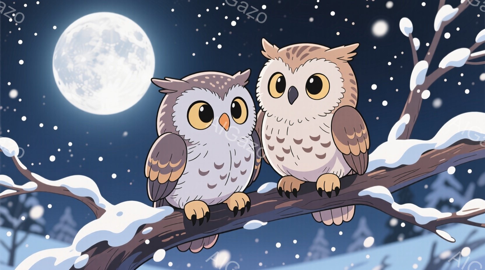 雪の降る夜に、二羽のフクロウが木の枝に寄り添って座っています。フクロウたちは大きな丸い目で愛らしく、少し顔を寄せ合っている様子から、穏やかで温かい雰囲気が伝わってきます。背景には満月が輝き、雪の舞う冬 - AI生成フリー素材