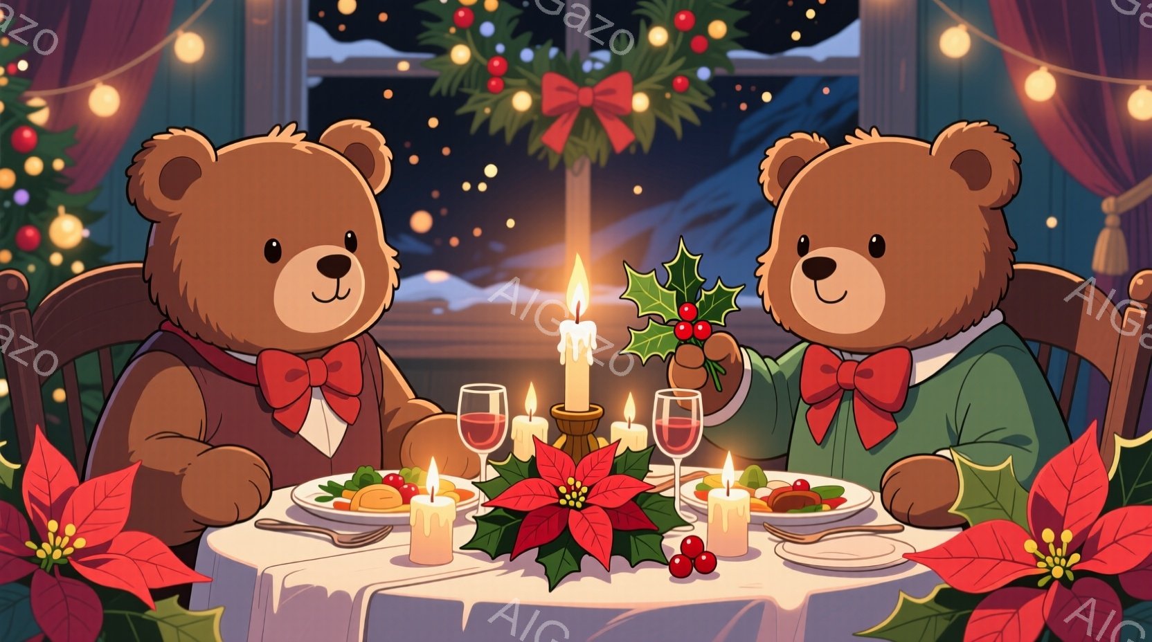 二匹のテディベアがクリスマスのディナーを楽しんでいます。それぞれ赤いリボンを付けた緑のセーターを着ており、テーブルにはローストチキンや付け合わせが並べられたお皿とワイングラスが置かれています。背景には雪景色が見え、窓辺にはクリスマスリースが飾られ、温かくロマンチックな雰囲気が漂っています。